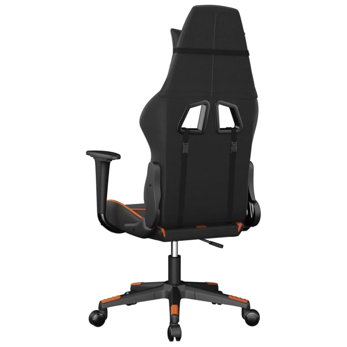 Schwarzer Gaming-Stuhl, orangefarbene Akzente, Rückansicht. Verstellbare Armlehnen und Rückenstütze.