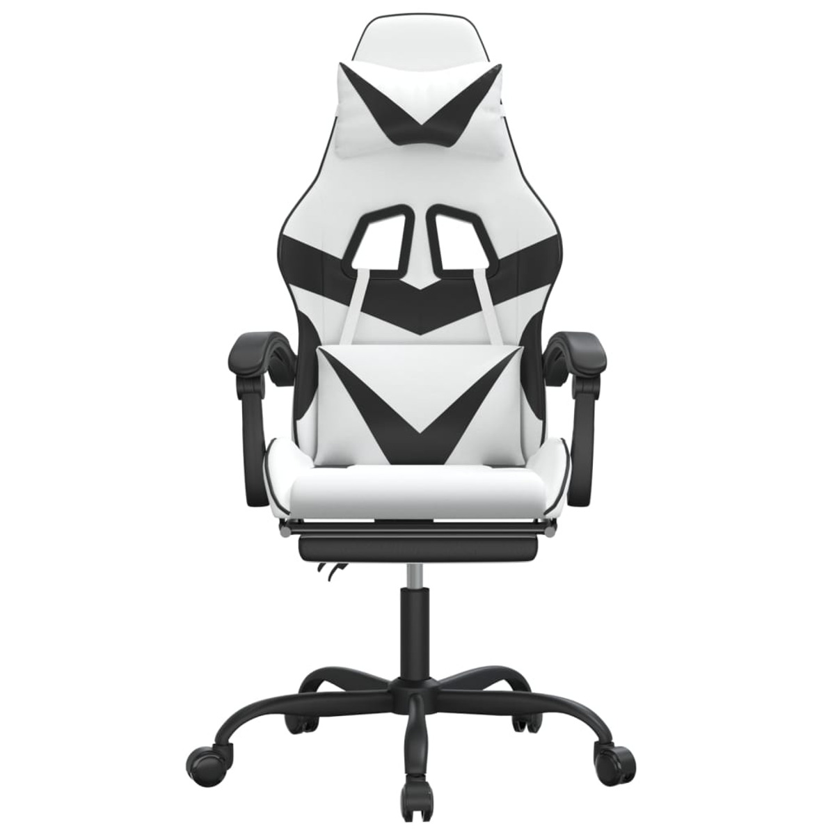 Weiß-schwarzer Gaming-Stuhl mit Kopfstütze und Kissen.