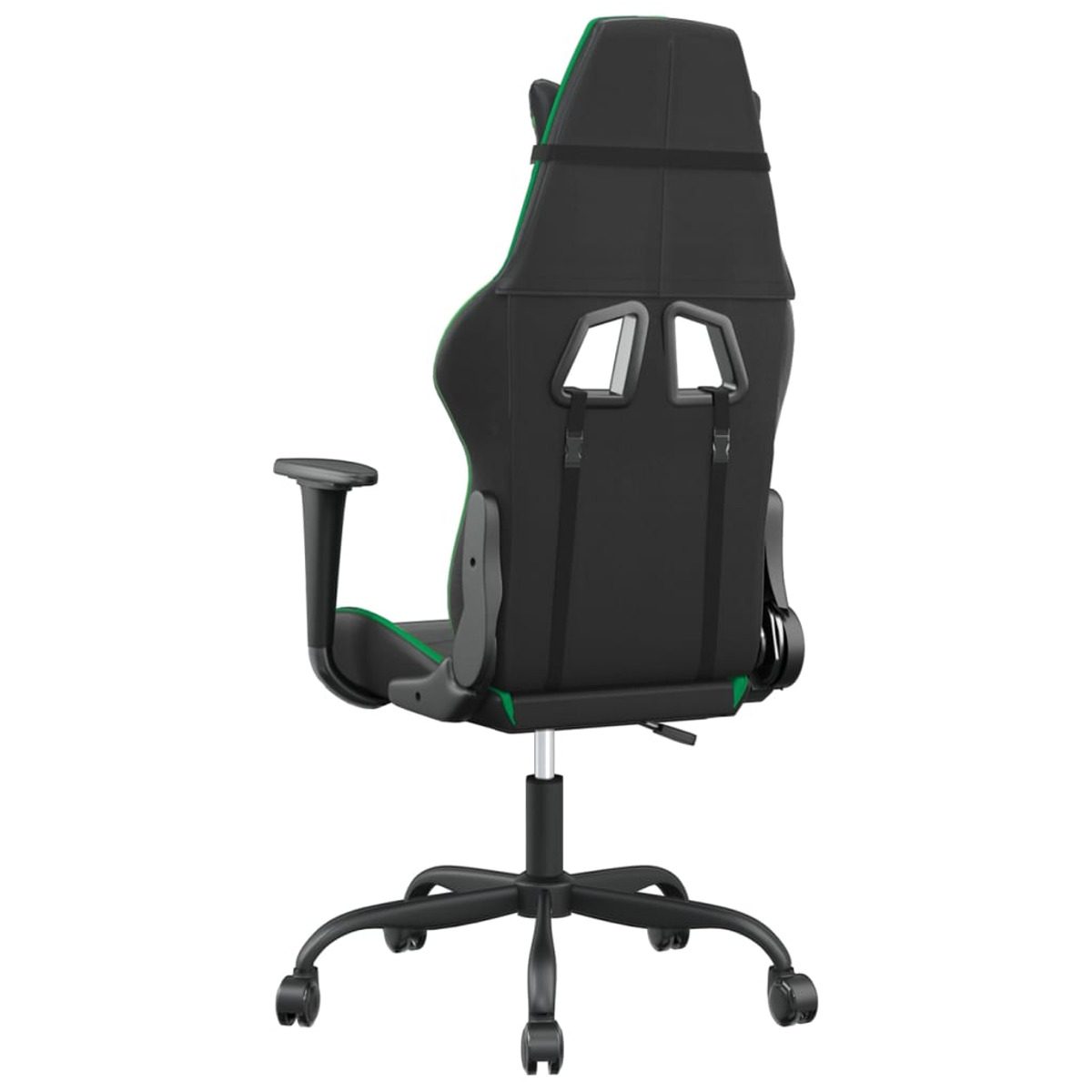 Die Rückseite eines schwarz-grünen Gaming-Stuhls mit Fünf-Rad-Gestell.