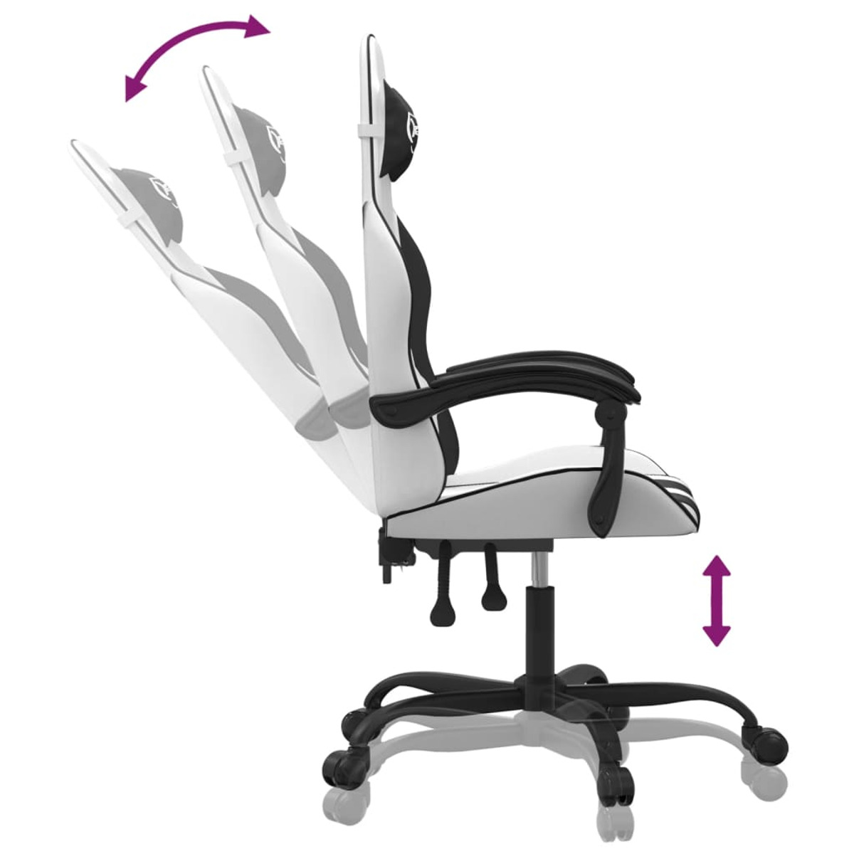 Ein weiß-schwarzer Gaming-Stuhl, Seitenansicht. Der Stuhl ist verstellbar und hat ein schwarzes Gestell mit Rollen.