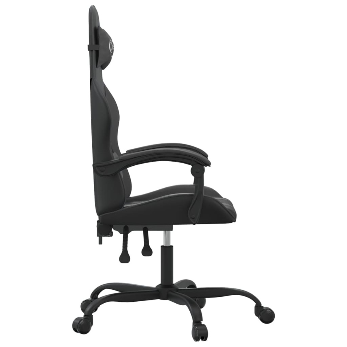 Schwarzer Gaming-Stuhl im Profil. Hat Armlehnen, Räder und eine Kopfstütze.