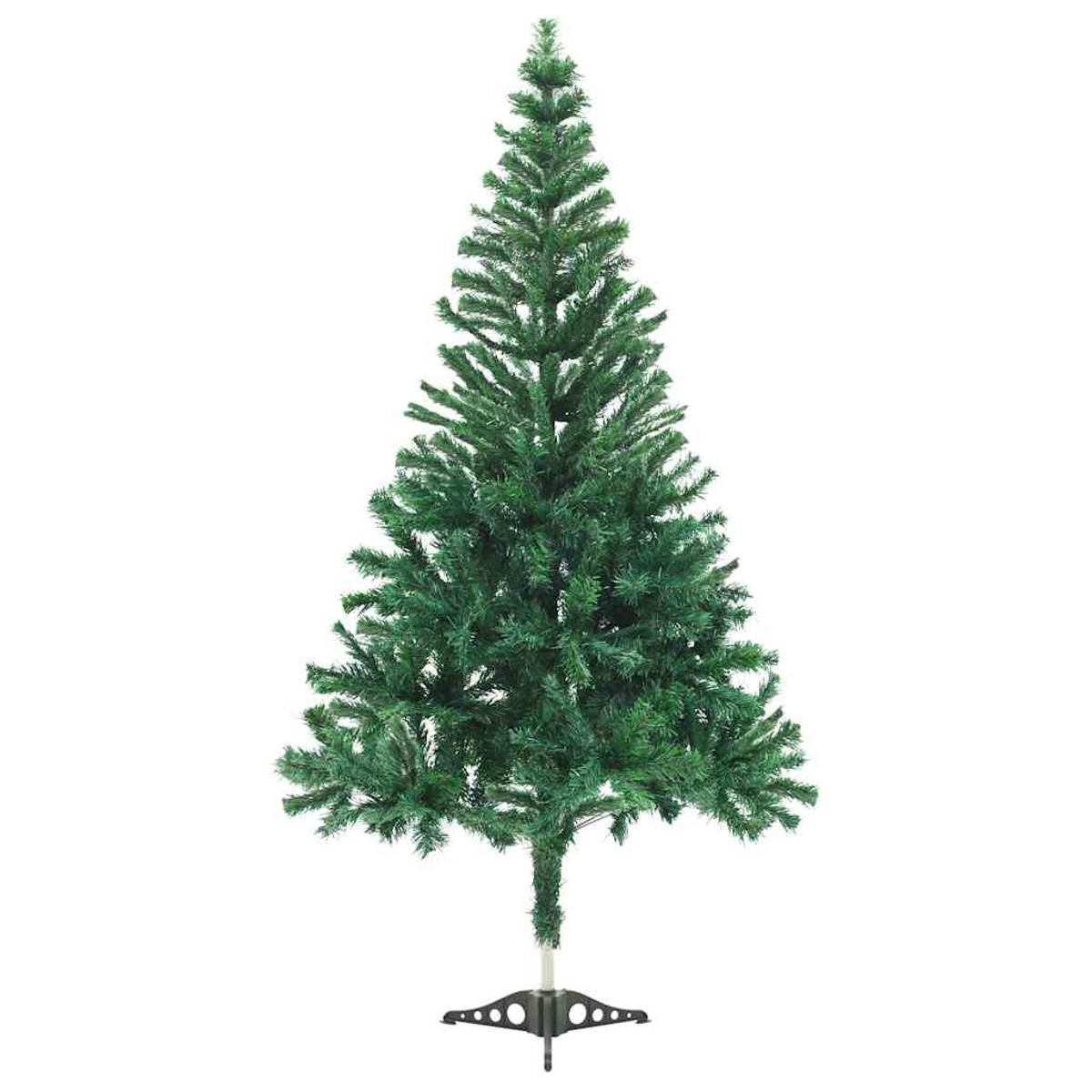 Grüner künstlicher Weihnachtsbaum vor weißem Hintergrund. Er hat einen schwarzen Ständer.