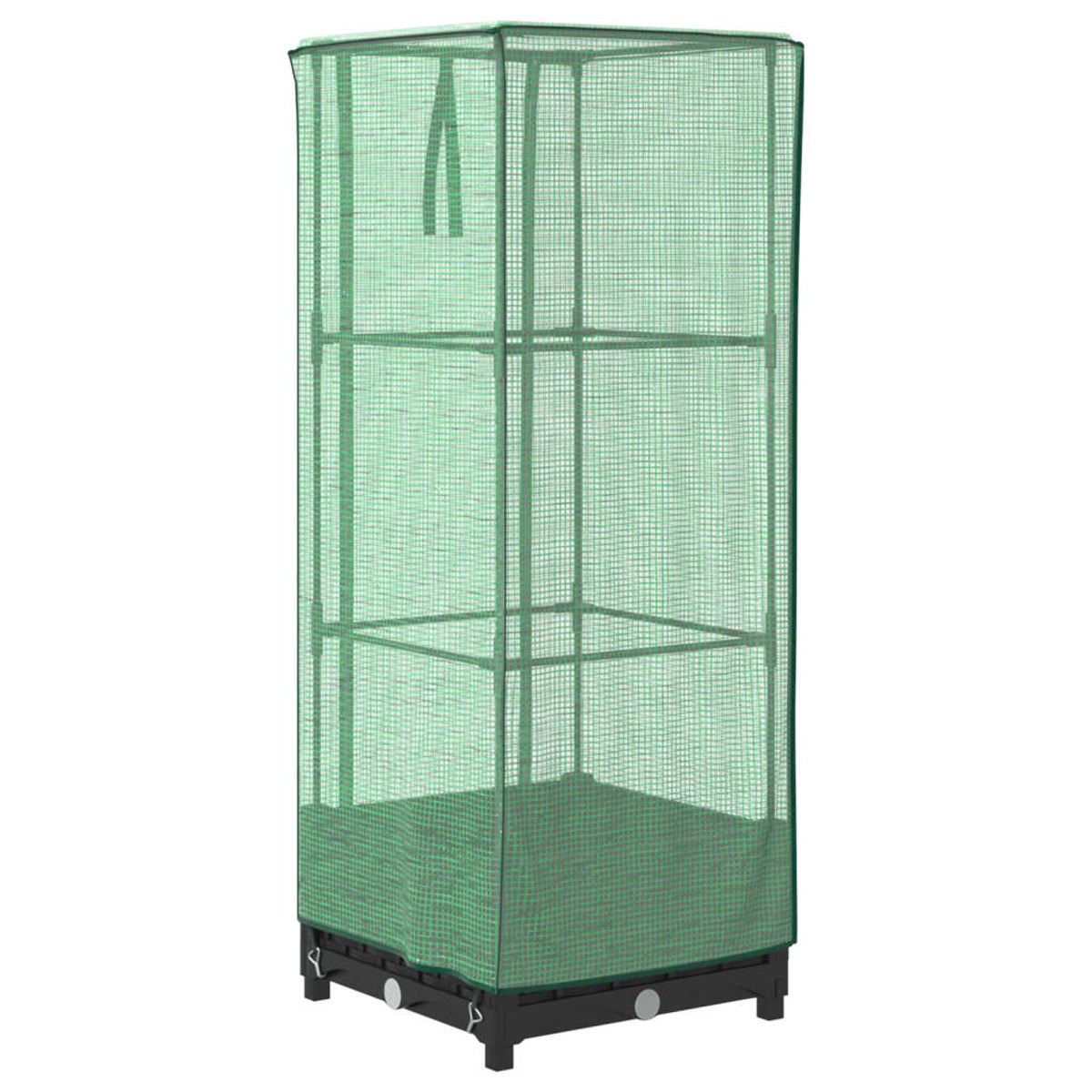 Una serra verde con copertura in plastica trasparente. Ha una base nera e una forma rettangolare.