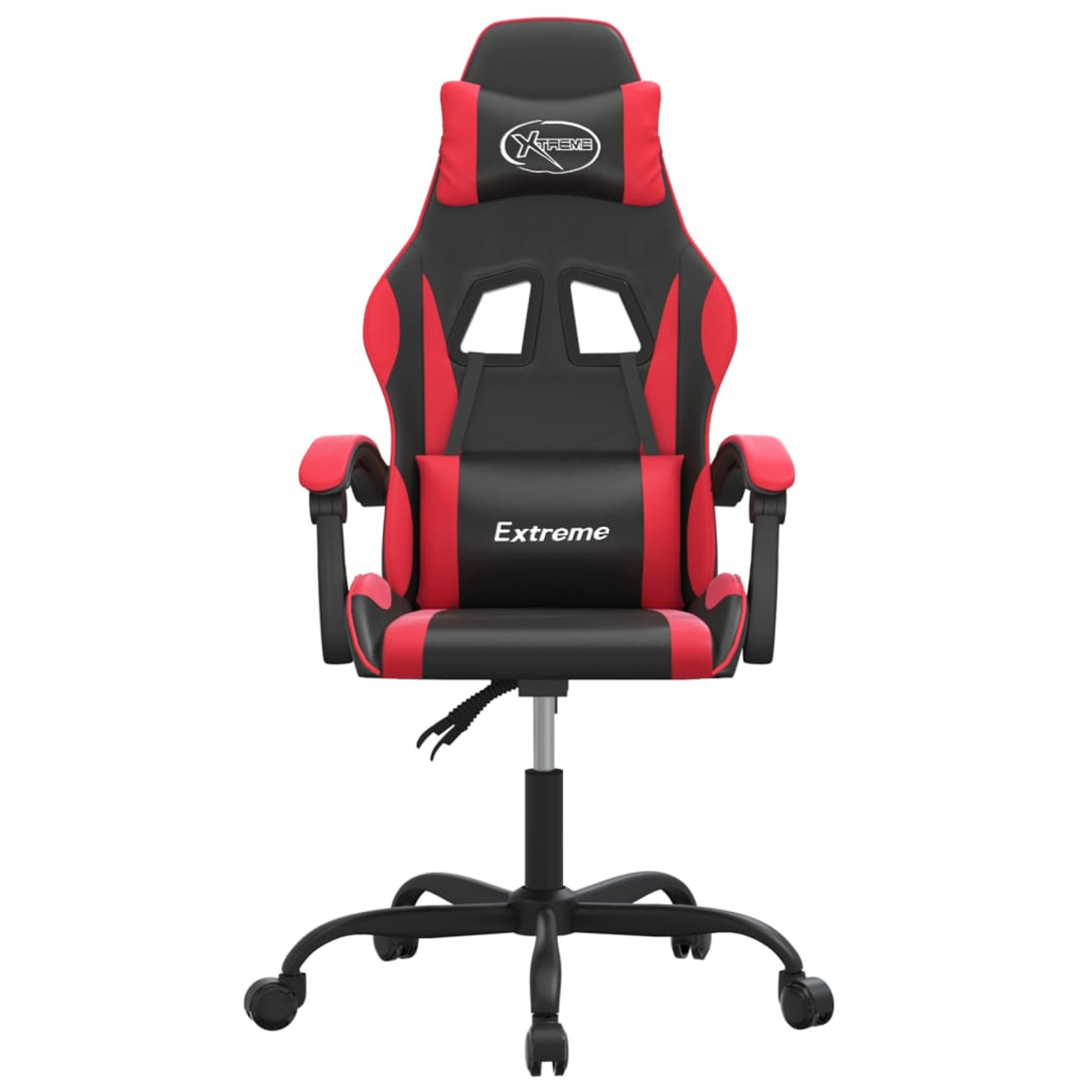Ein schwarz-roter Gaming-Stuhl. Er hat eine Kopfstütze und eine geschwungene Rückenlehne.