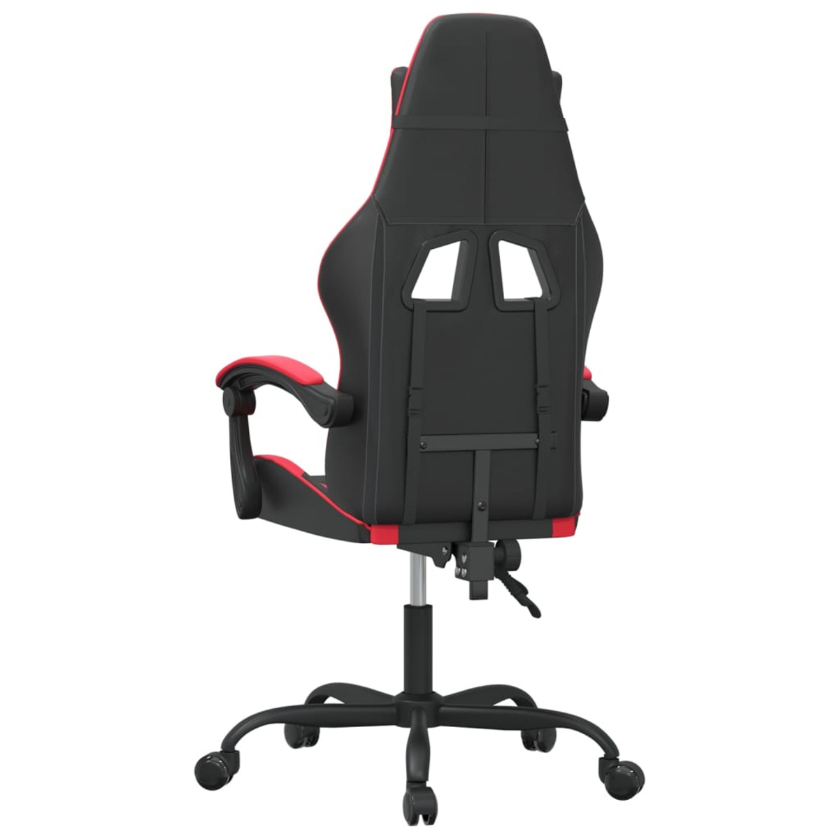 Schwarzer und roter Gaming-Stuhl, von hinten betrachtet, auf weißem Hintergrund.