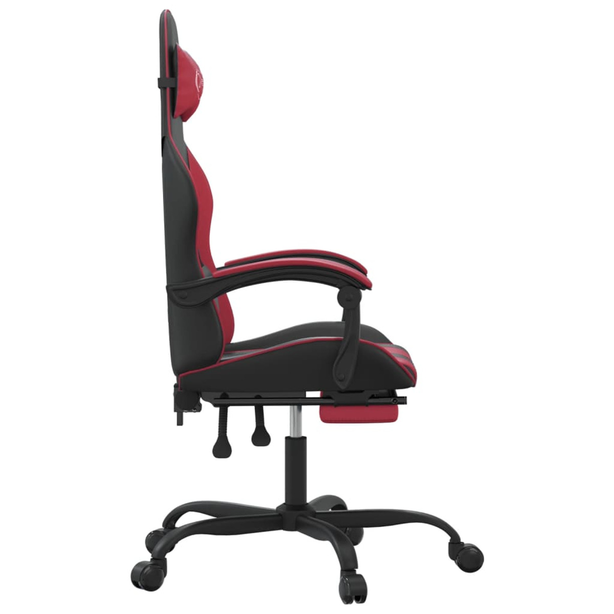 Roter und schwarzer Gaming-Stuhl. Seitenansicht mit Kopfstütze, Armlehnen, Basis und Fußstütze.