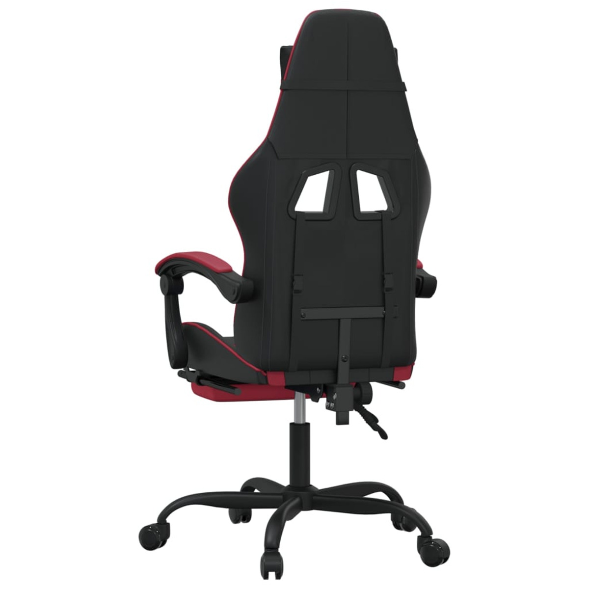 Rückansicht eines Gaming-Stuhls. Schwarz und rot mit schwarzem Gestell und Rädern.