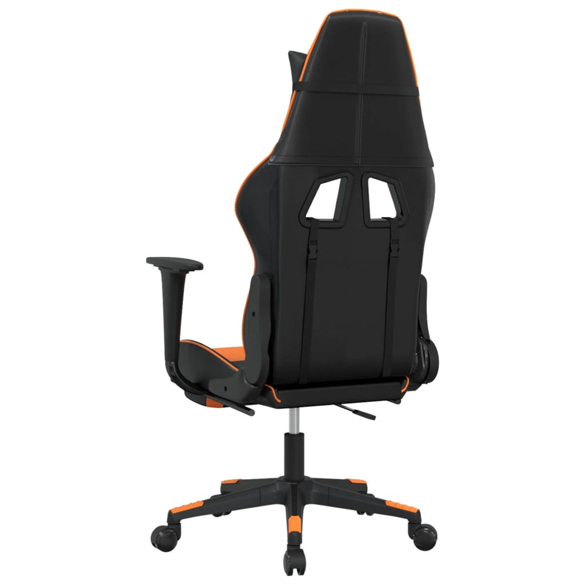 Ein Gaming-Stuhl, schwarz mit orangefarbenen Akzenten, von hinten gesehen. Er hat eine hohe Rückenlehne und eine rollbare Basis.