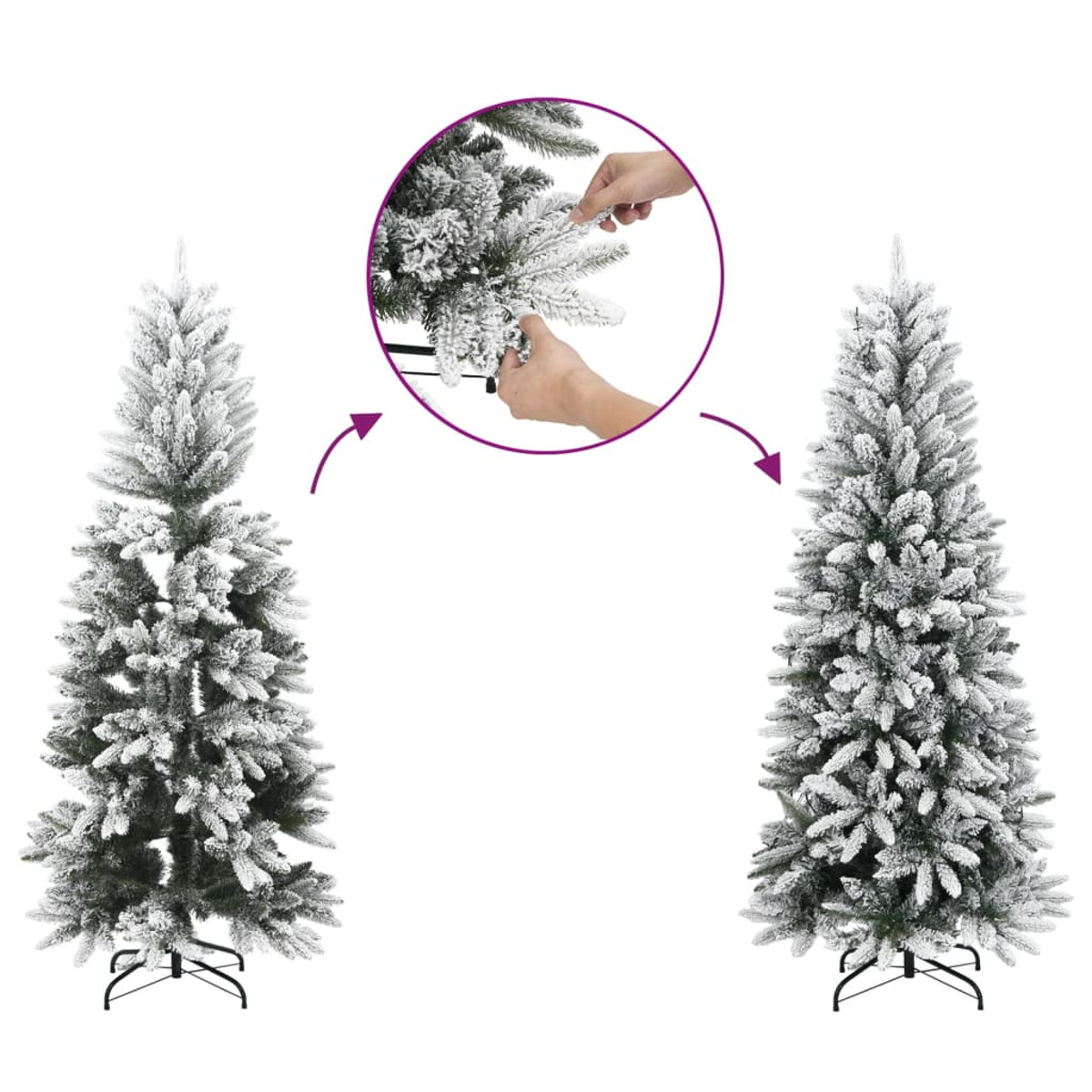 Zwei schneebedeckte Weihnachtsbäume. Einer wird montiert. Nahaufnahme zeigt Hand beim Anbringen eines Astes.
