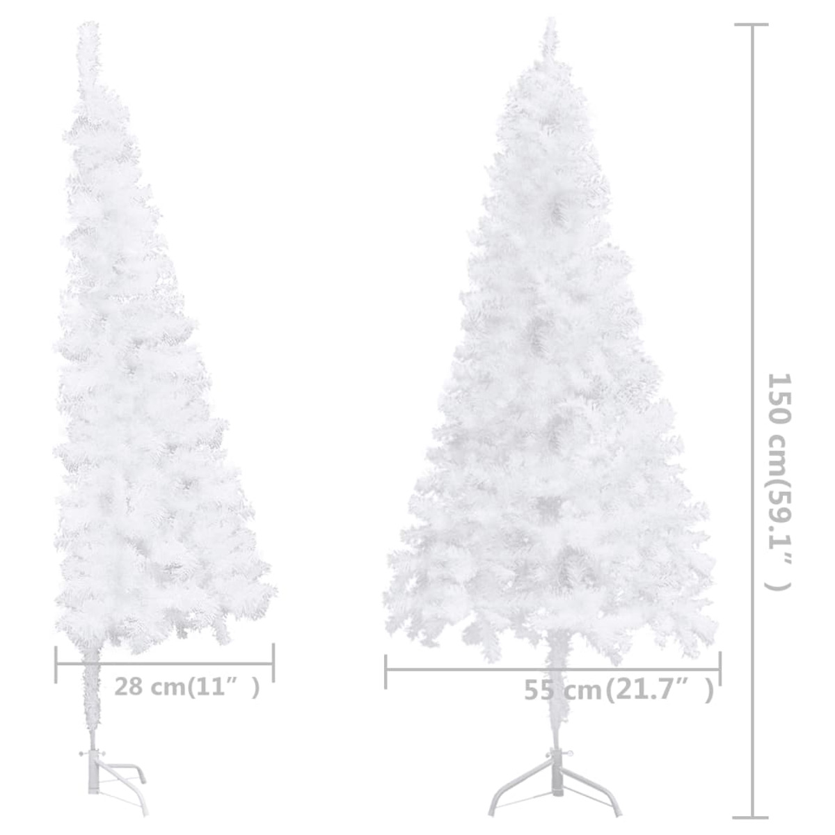 Zwei weiße, künstliche Weihnachtsbäume. Einer ist hoch und dünn, der andere breiter und kürzer. Beide haben Ständer.