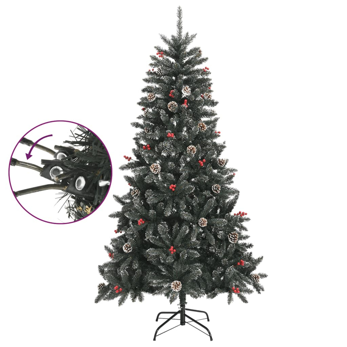 Ein dunkler künstlicher Weihnachtsbaum mit roten Beeren und Tannenzapfen, auf weißem Hintergrund.