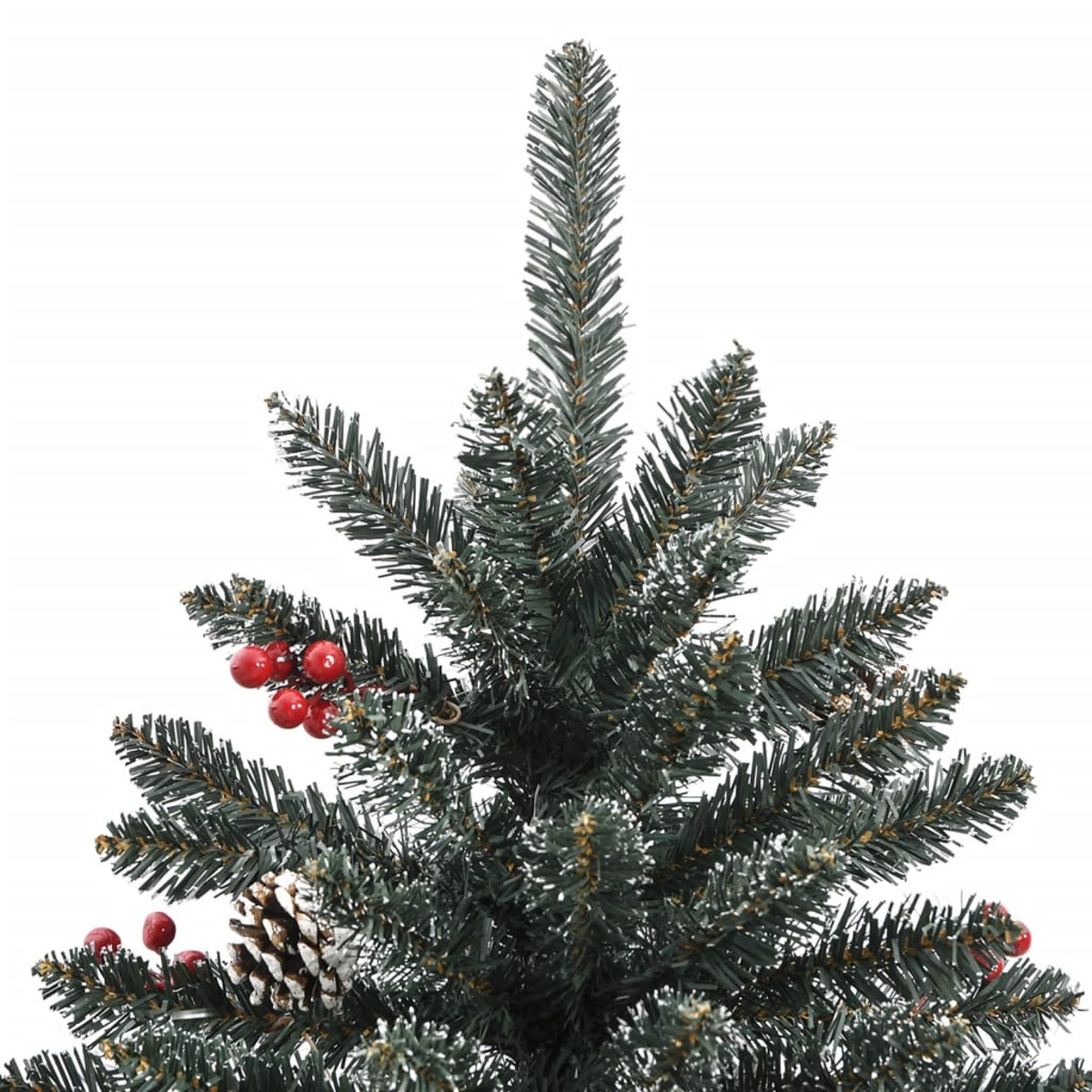 Spitze eines Weihnachtsbaums. Grüne Nadeln, rote Beeren, Tannenzapfen und Schnee auf weißem Hintergrund.