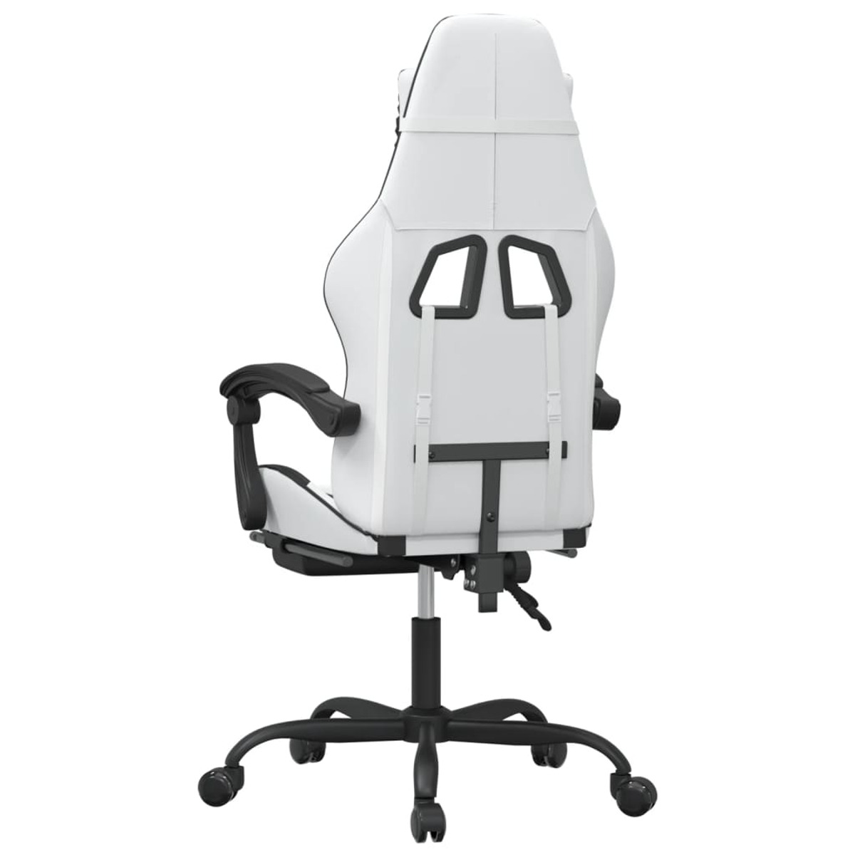 Rückansicht eines weißen Gaming-Stuhls. Schwarzes Gestell und Räder. Weißer Hintergrund.
