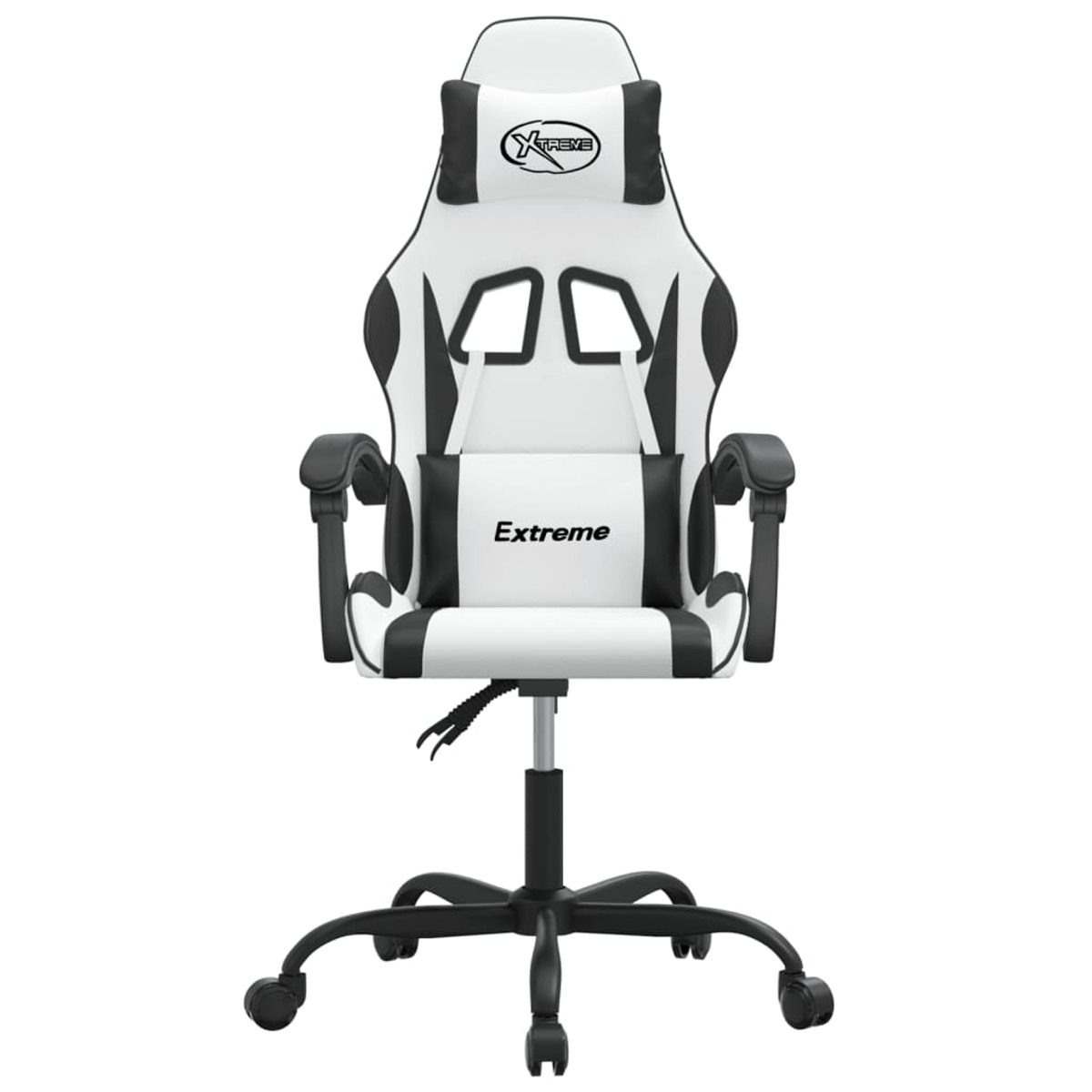 Weißer Gaming-Stuhl, Vorderansicht, mit schwarzen Akzenten und dem Wort „Extreme“ darauf.