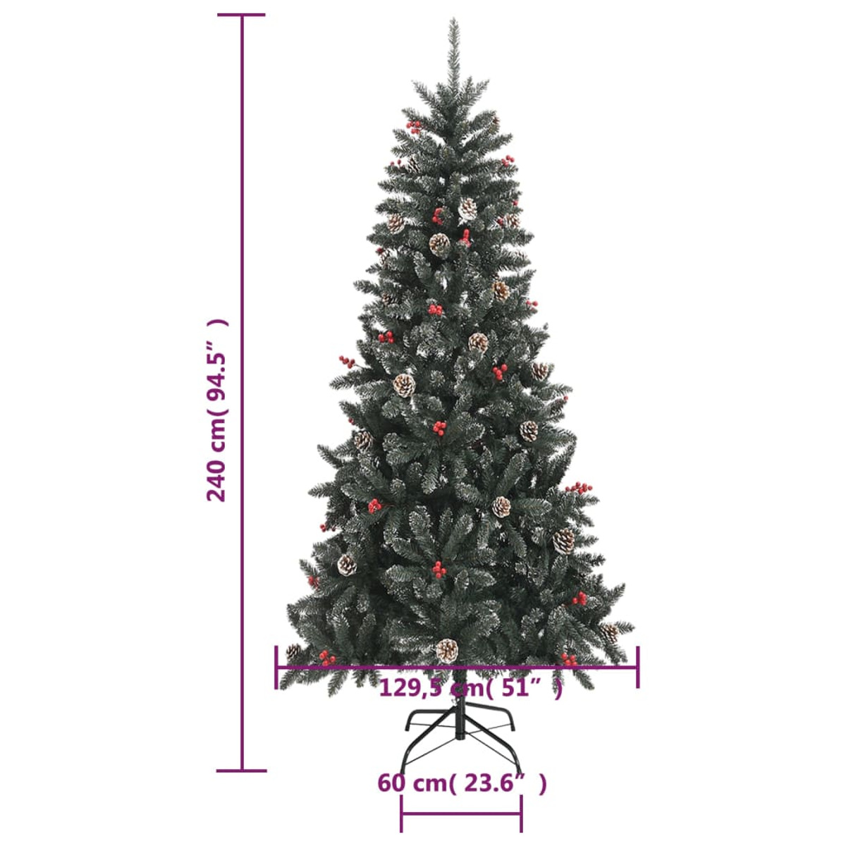 Ein dekorierter Weihnachtsbaum. Abmessungen sind angegeben. Der Baum steht auf weißem Hintergrund.