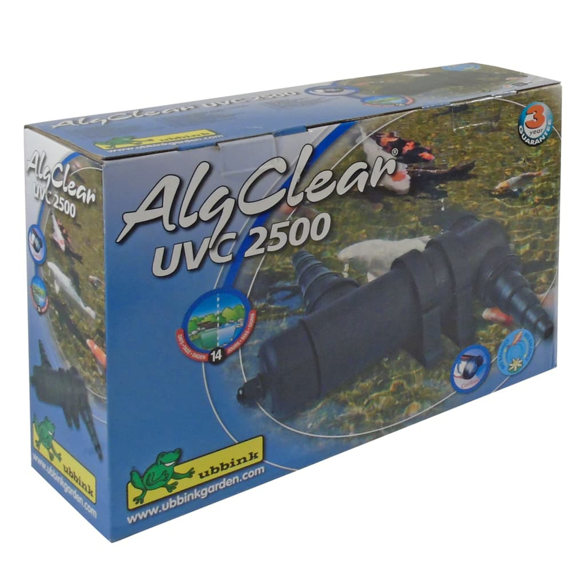 AlgaClear UVC 2500 Box, mit Teichbild mit Fischen und Filter.