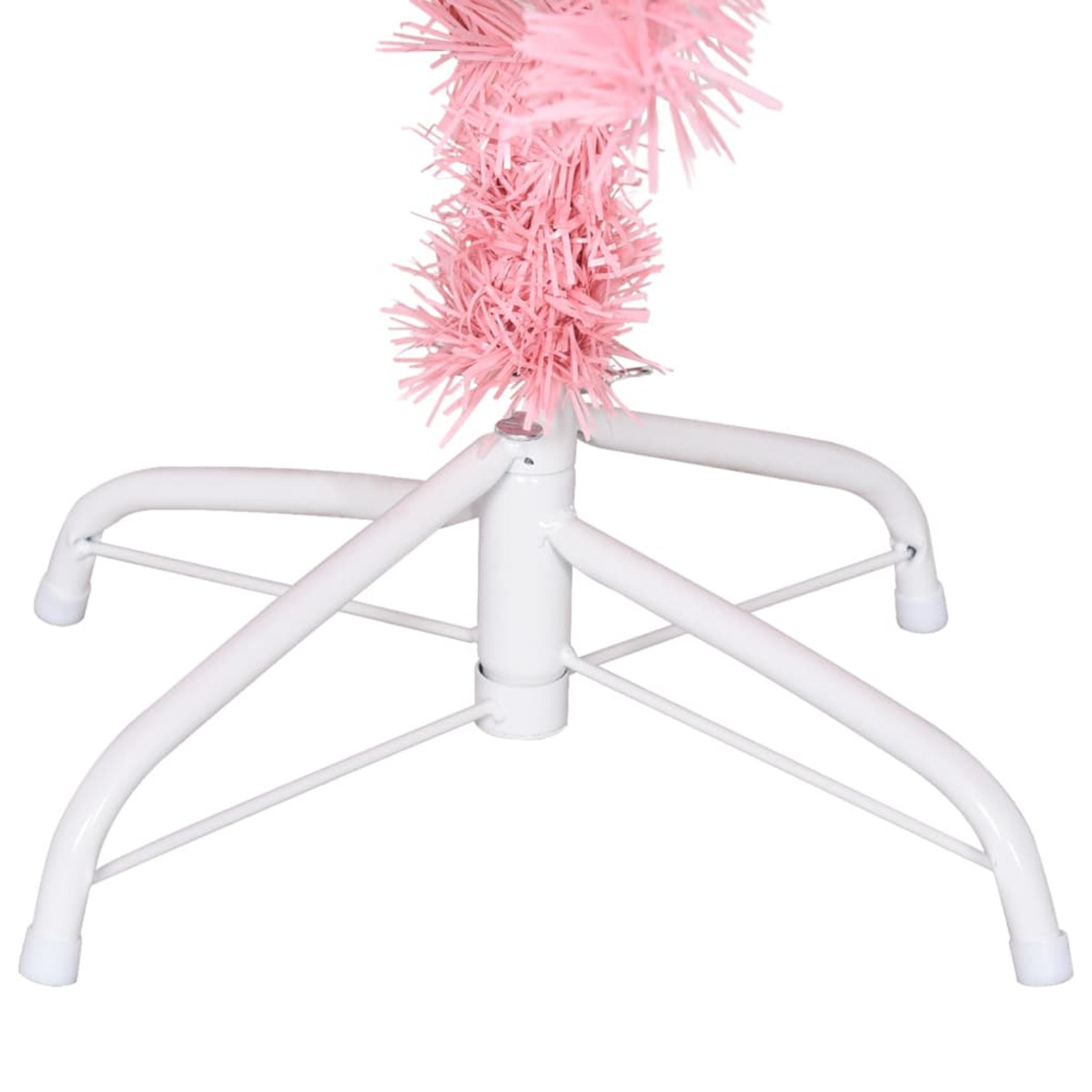 Der weiße Sockel eines rosa künstlichen Weihnachtsbaums, auf weißem Hintergrund.