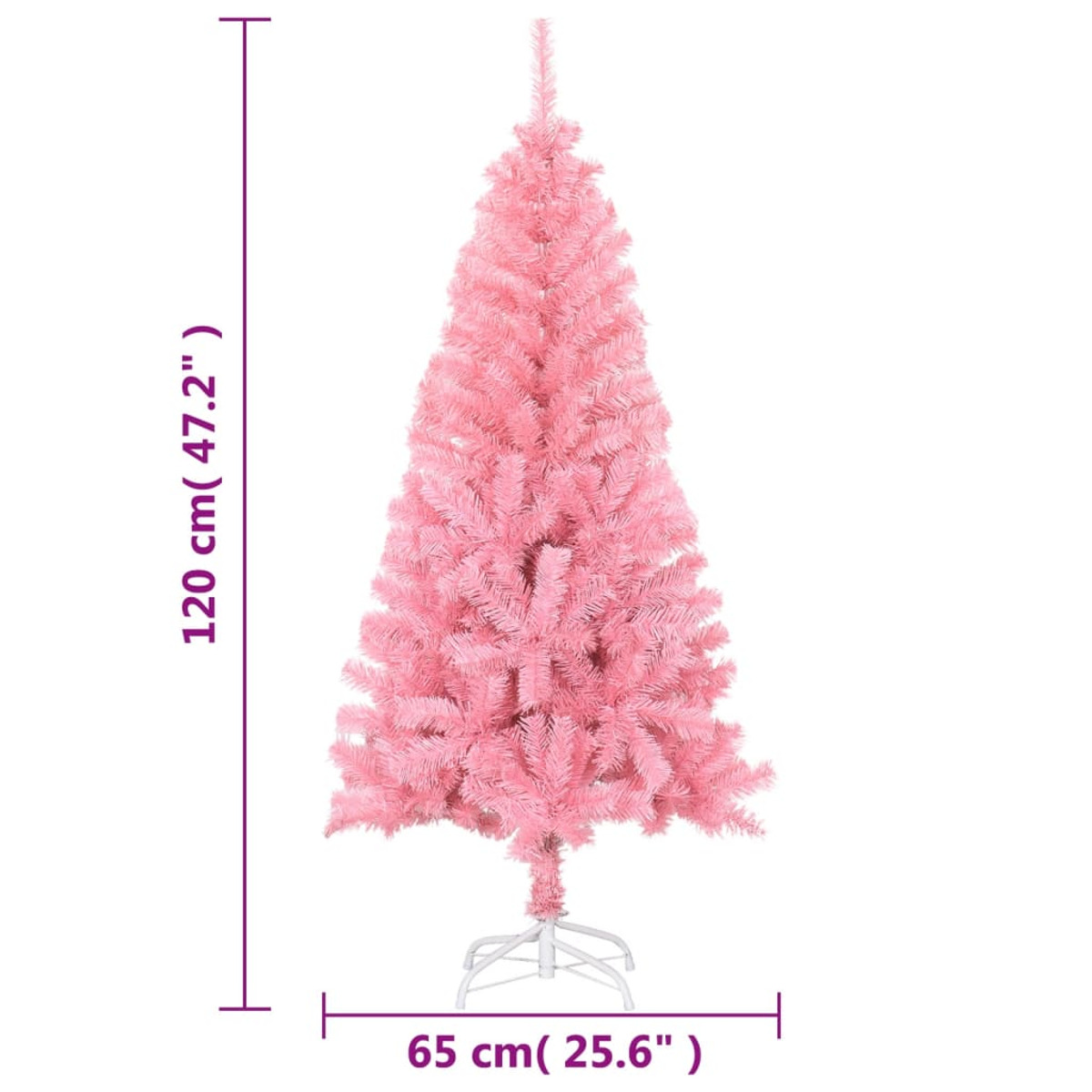 Rosa Weihnachtsbaum auf weißem Ständer. Zeigt Größe in cm: 120 cm Höhe, 65 cm Breite. Weißer Hintergrund.