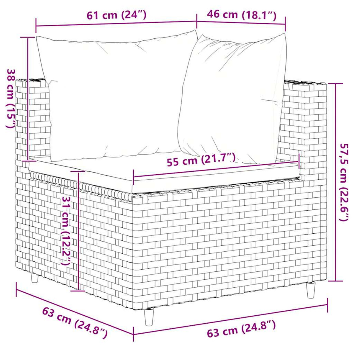Una sedia in stile vimini con dimensioni etichettate e un cuscino.