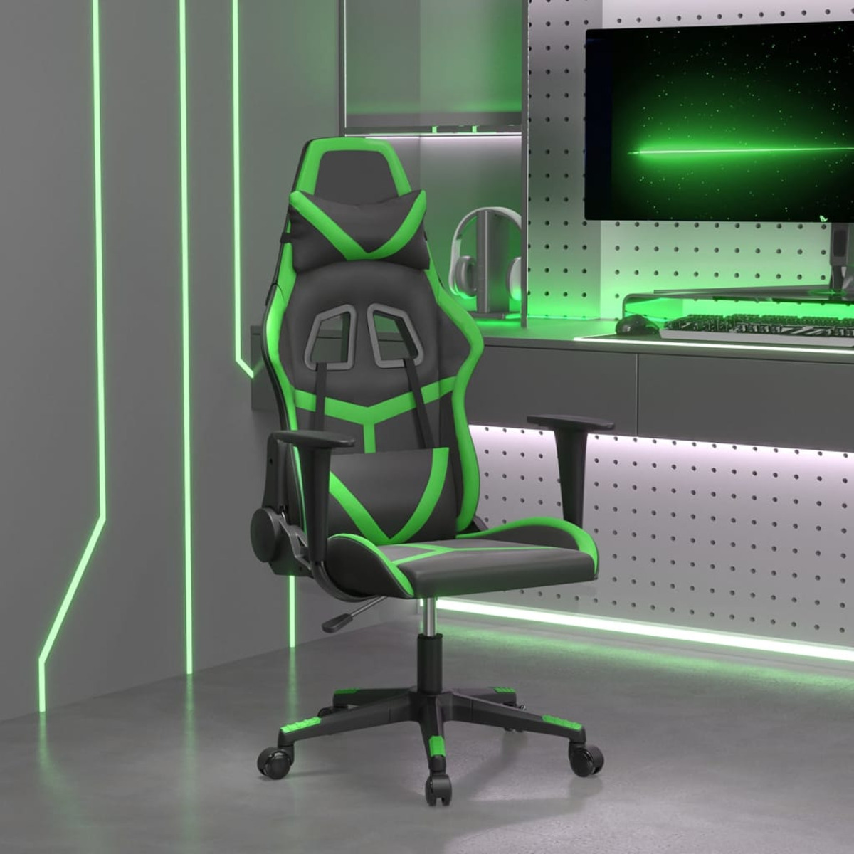 Ein grün-schwarzer Gaming-Stuhl mit einem Computer-Setup im Hintergrund. Der Stuhl hat grüne Akzente.