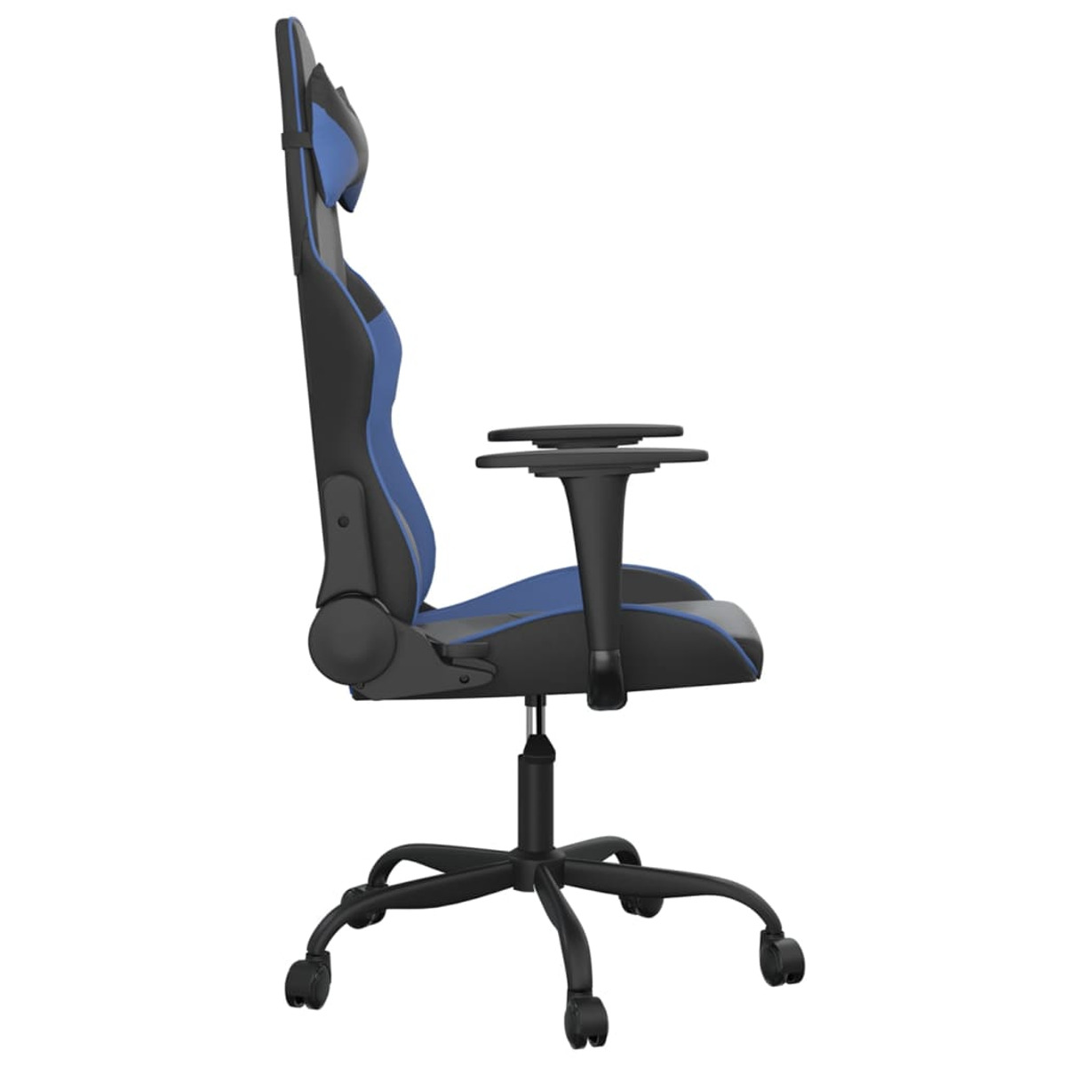 Ein Gaming-Stuhl, Seitenansicht. Der Stuhl ist schwarz und blau.