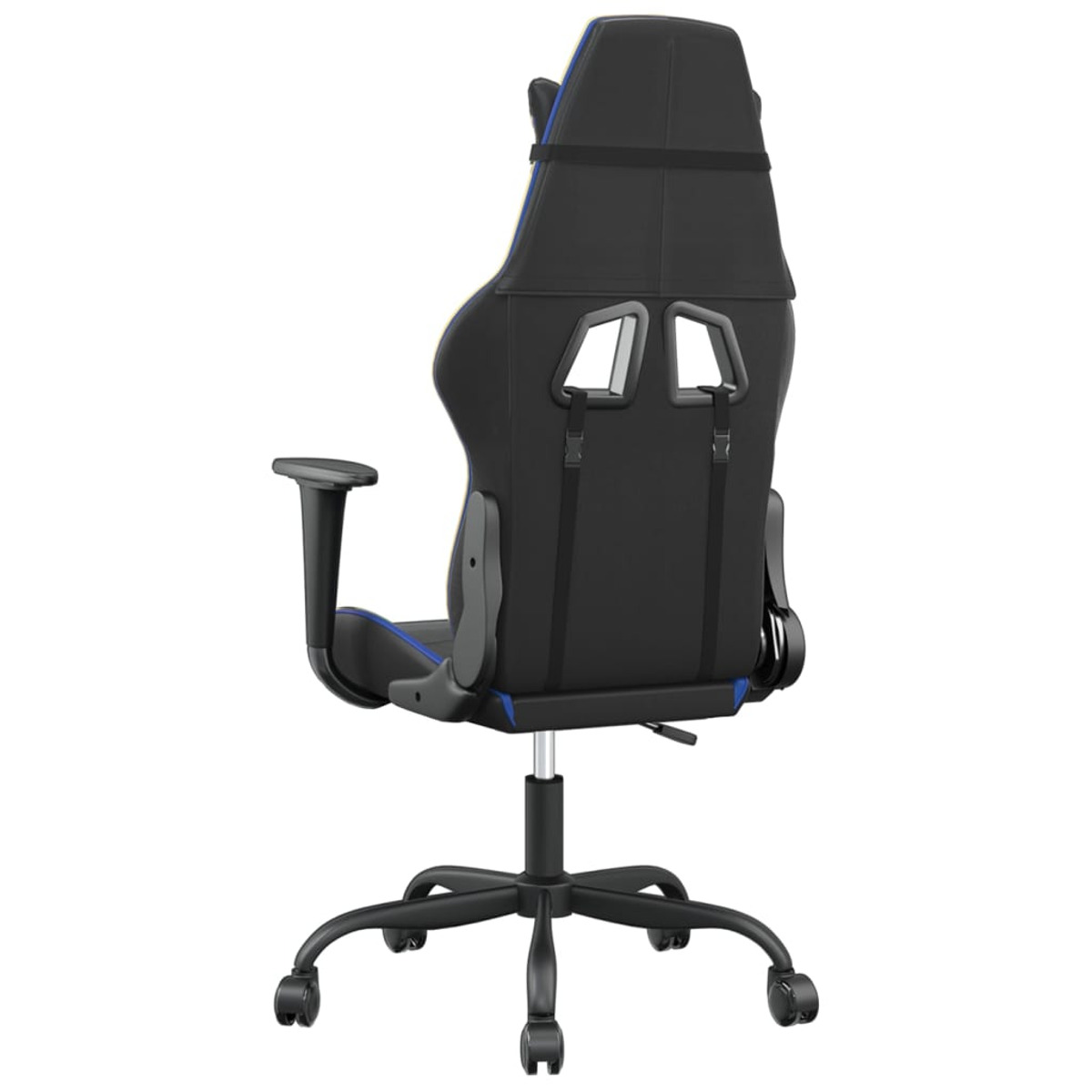 Schwarzer Gaming-Stuhl. Rückansicht. Blaue und gelbe Akzente. Räder an der Basis. Zwei Gurte hinten.