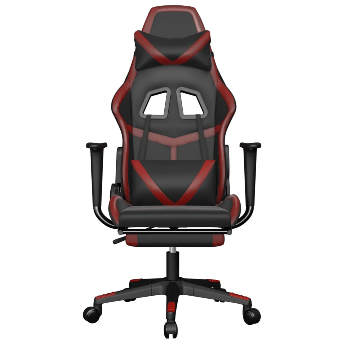 Vorderansicht eines schwarz-roten Gaming-Stuhls. Der Stuhl hat eine Kopfstütze und Rollen.
