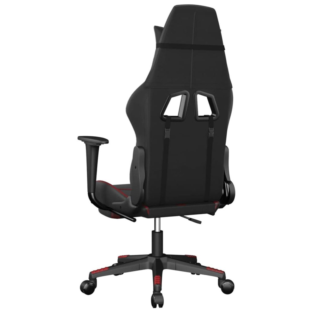 Rückansicht eines schwarz-roten Gaming-Stuhls. Der Stuhl hat eine hohe Rückenlehne und ein Fünf-Rollen-Gestell.