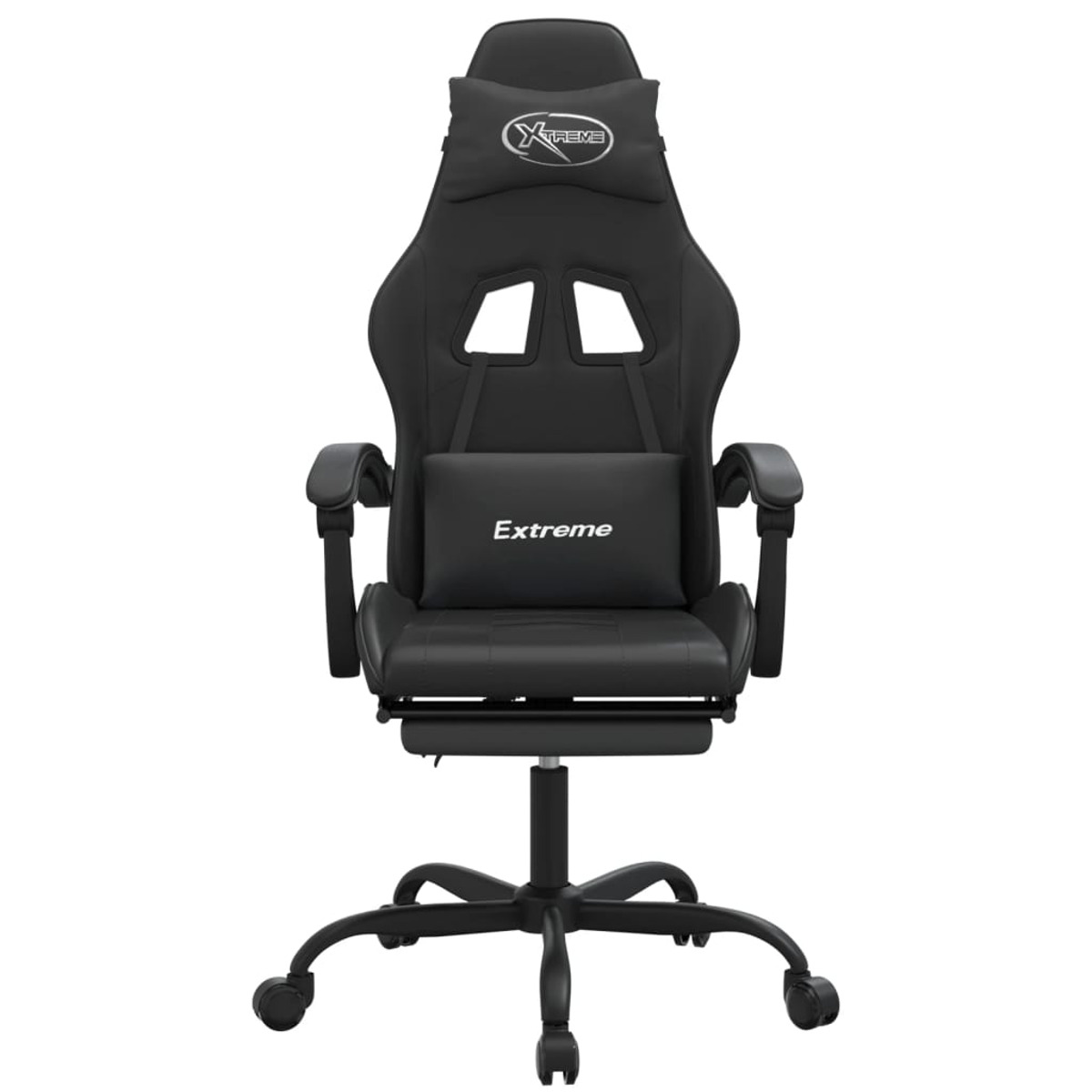 Schwarzer Gaming-Stuhl mit Kopfstütze, Lendenwirbelstütze und Armlehnen, Frontansicht.