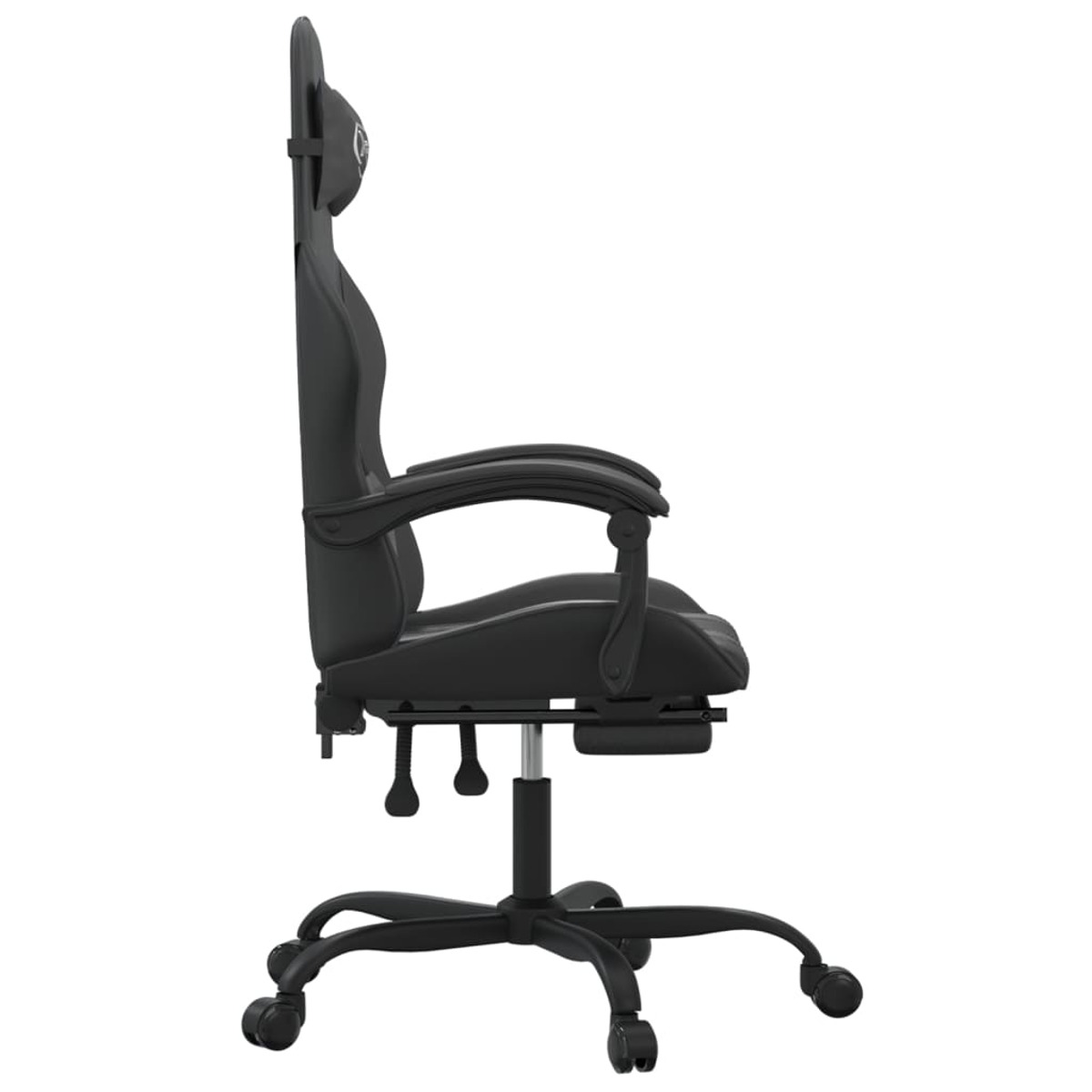 Schwarzer Gaming-Stuhl, Profilansicht. Kopfstütze und Armlehnen sind sichtbar. Fünf-Rollen-Fuß. Weißer Hintergrund.