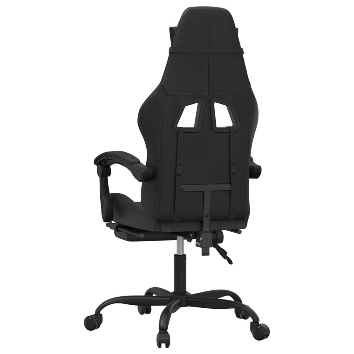 Schwarzer Gaming-Stuhl, Rückansicht. Er hat zwei Öffnungen in der Rückenlehne.