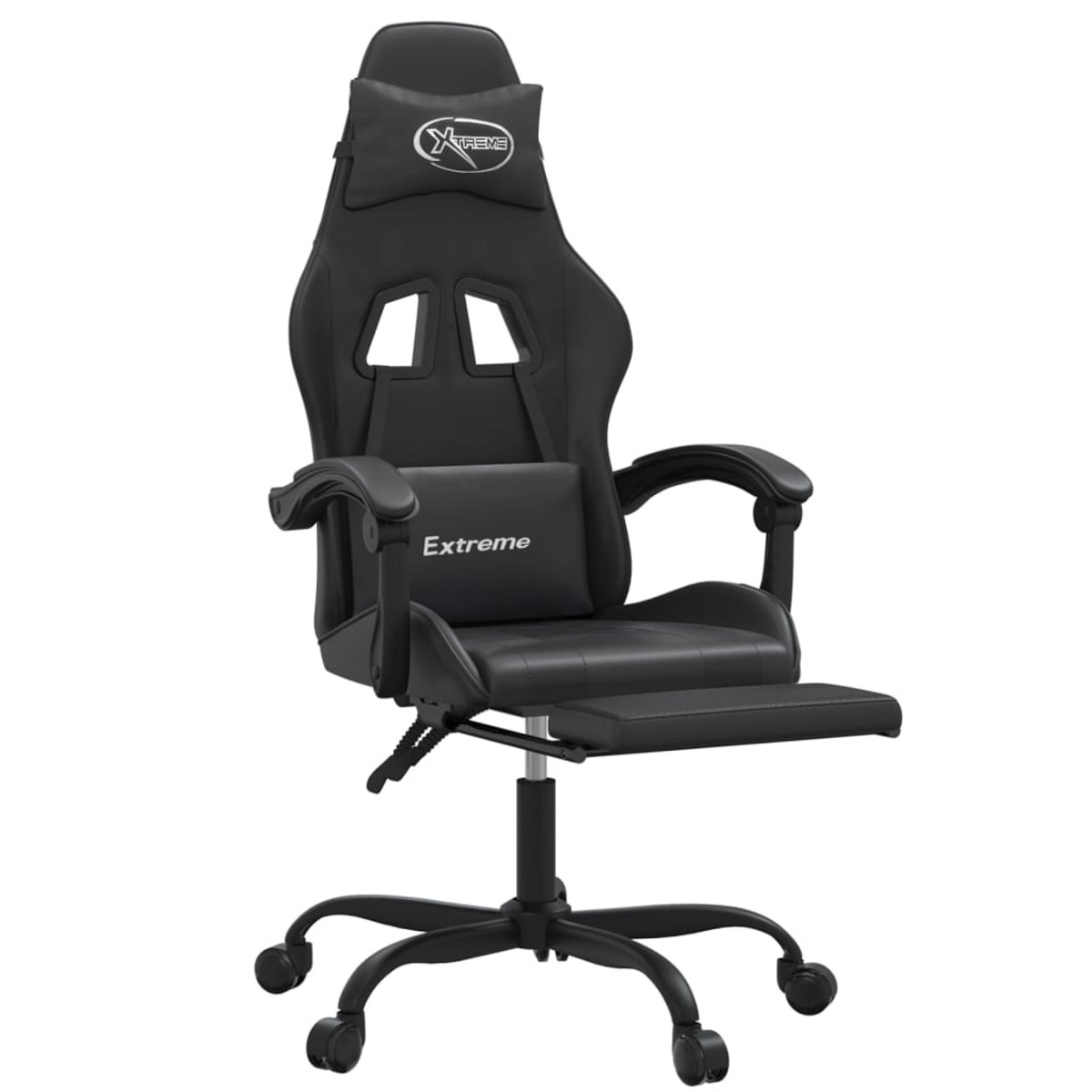 Schwarzer Gaming-Stuhl mit Fußstütze und Kopfstütze. Er hat das Wort 'Extreme'. Der Stuhl steht auf Rädern.