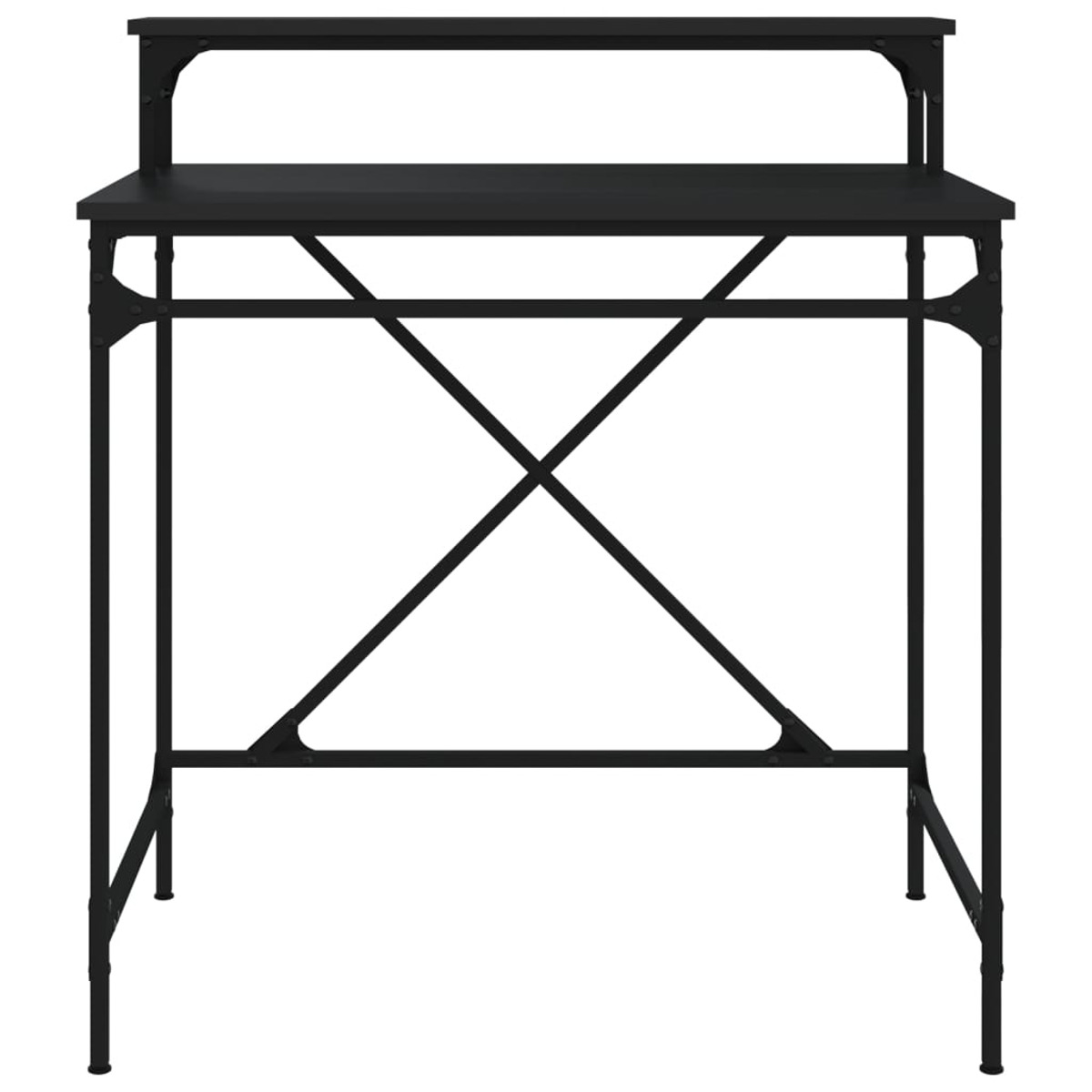 Schwarzer Schreibtisch mit zwei Ebenen und kreuzförmiger Stütze. Schlichtes Design.