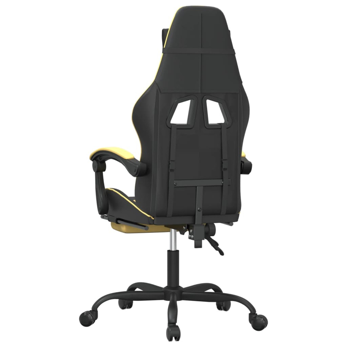 Rückansicht eines gelb-schwarzen Gaming-Stuhls. Der Stuhl hat Rollen und ein schwarzes Gestell.
