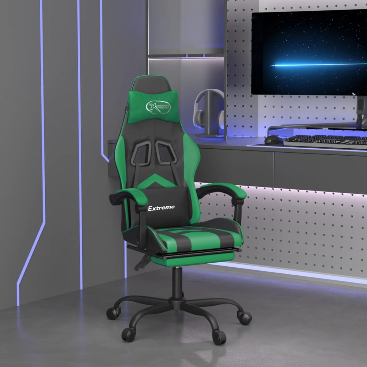 Grüner und schwarzer Gaming-Stuhl in einem Raum. Bildschirm und Schreibtisch im Hintergrund.