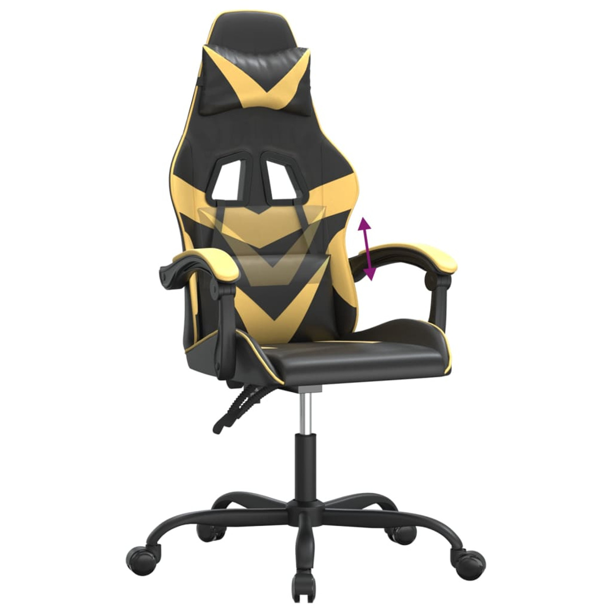 Gelb-schwarzer Gaming-Stuhl mit verstellbaren Armlehnen, auf weißem Hintergrund.