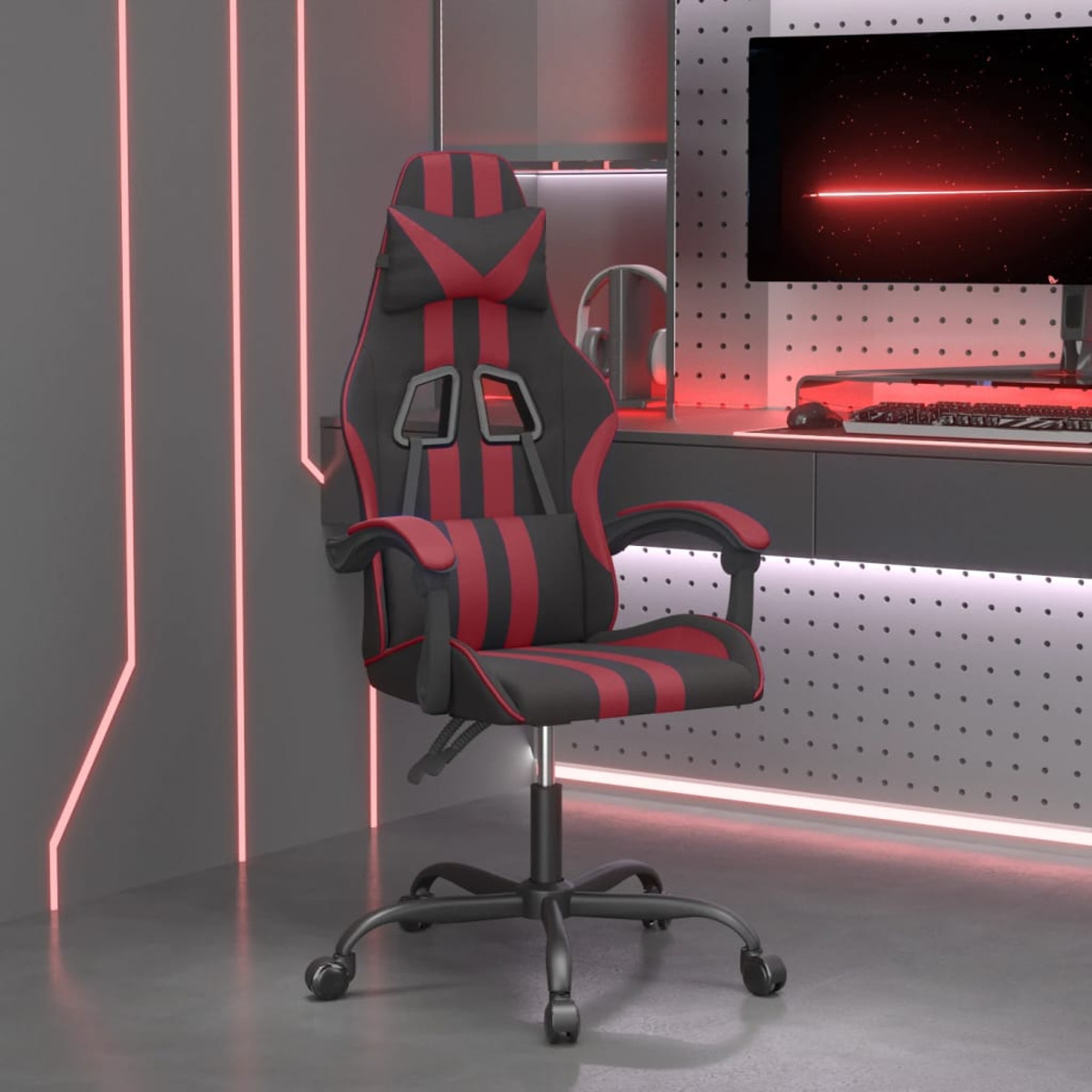 Gaming-Stuhl, schwarz mit roten Streifen und Akzenten, in einem Raum mit roten Neonlichtern.