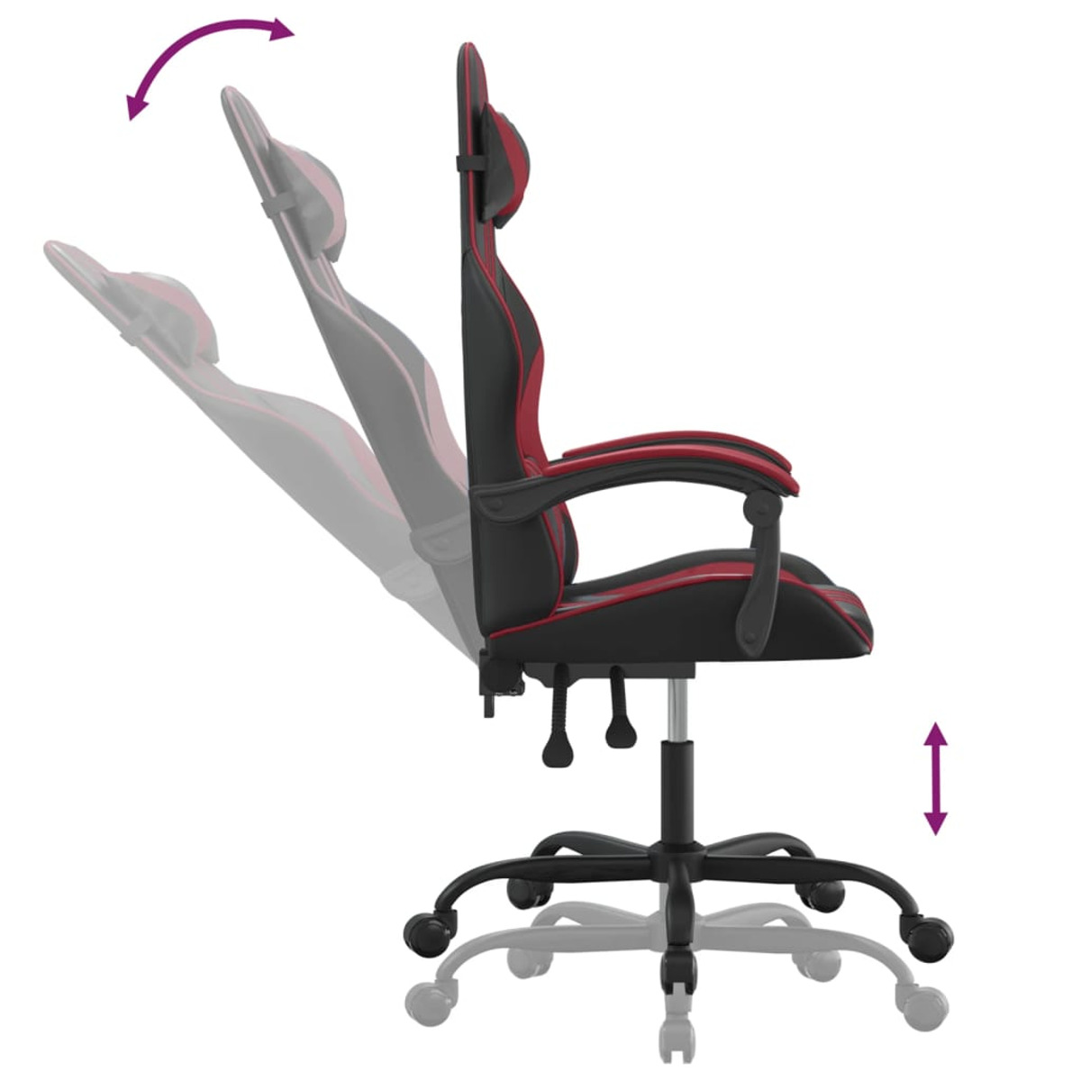 Gaming-Stuhl, Seitenansicht. Schwarz mit roten Akzenten. Stuhl kippt und ist höhenverstellbar.