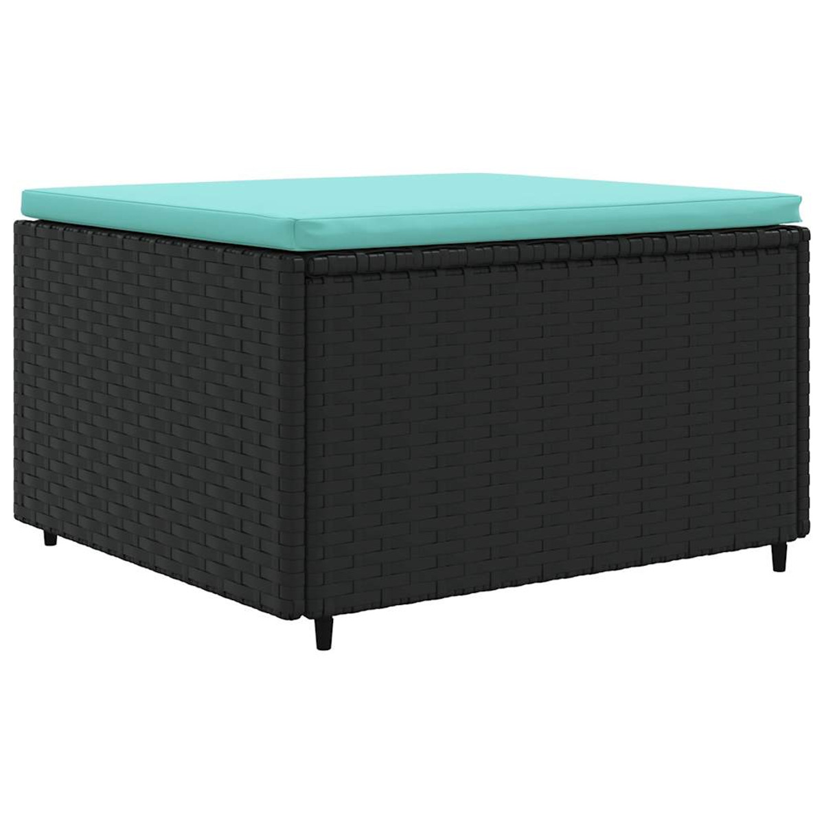 Pouff esterno nero e turchese con gambe nere e cuscino turchese sopra.