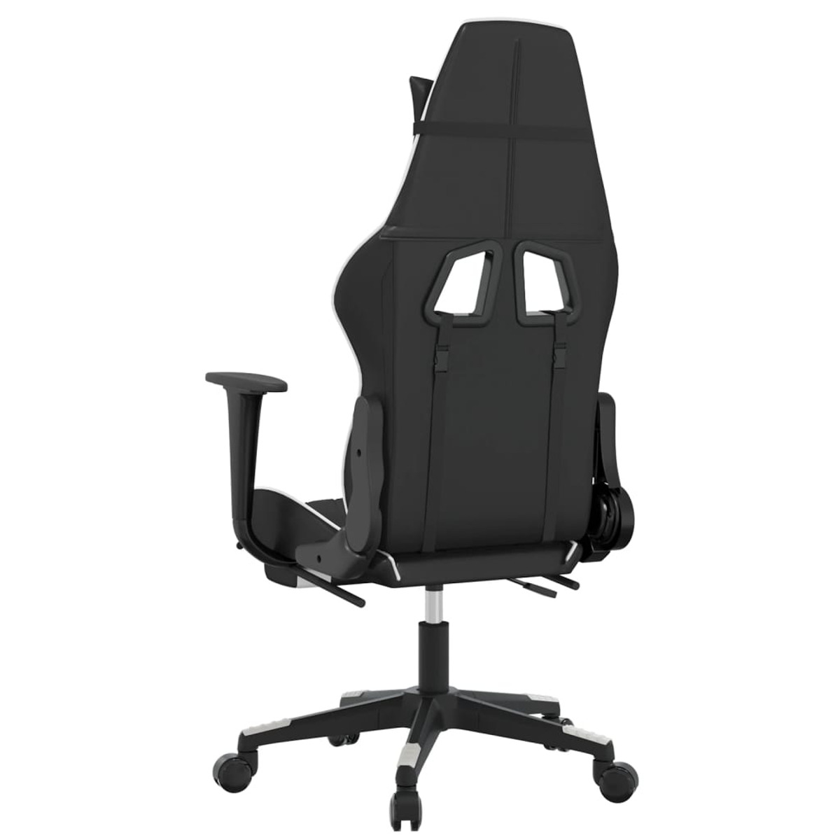 Die Rückseite eines schwarz-weißen Gaming-Stuhls mit hoher Rückenlehne, Armlehnen und Rädern.