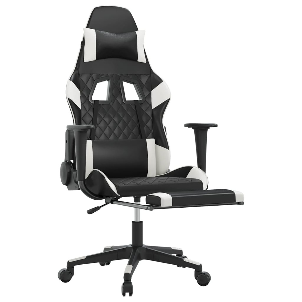 Ein schwarz-weißer Gaming-Stuhl mit Fußstütze in einem Studio.