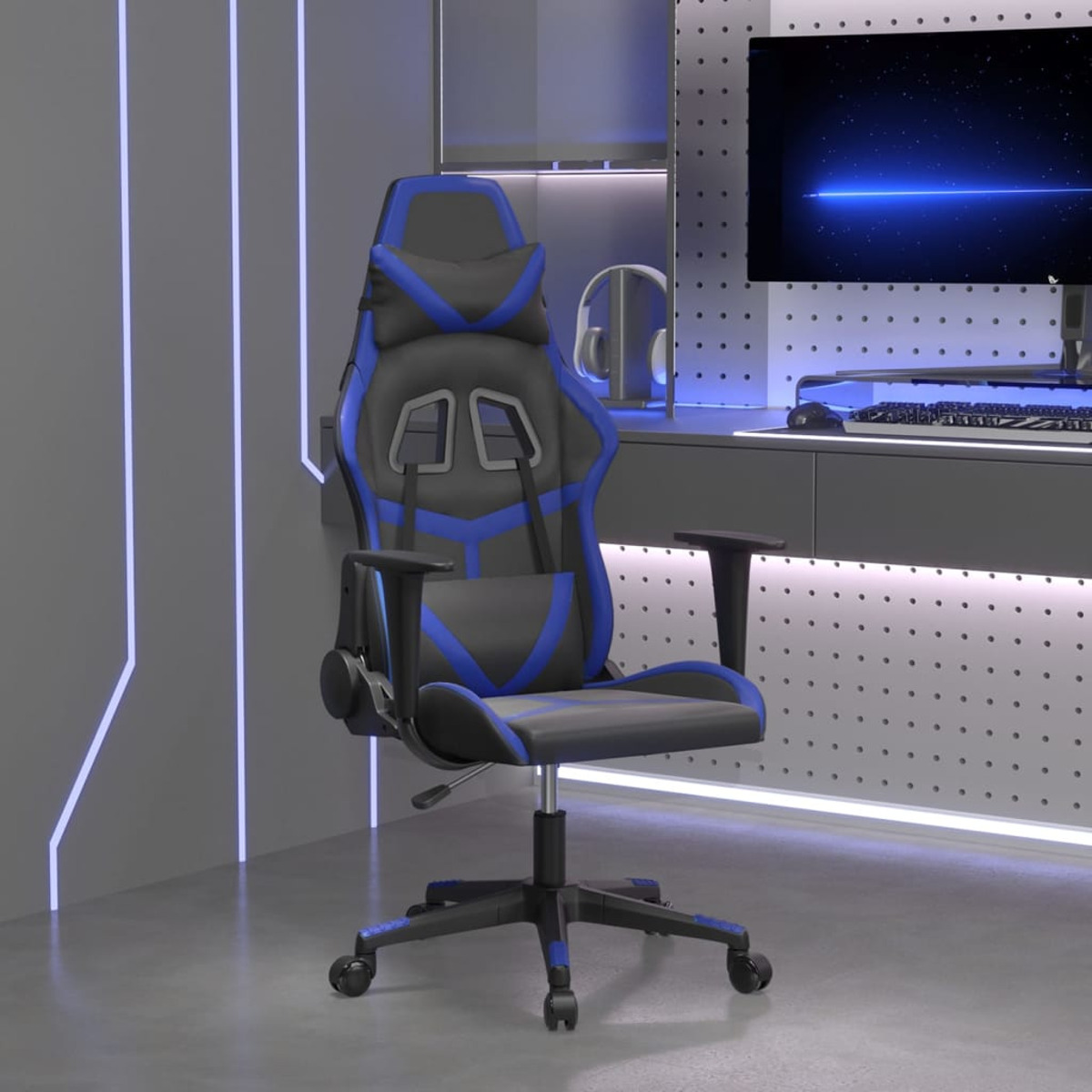 Gaming-Stuhl, schwarz und blau. In einem Raum mit Computer und Kopfhörern.