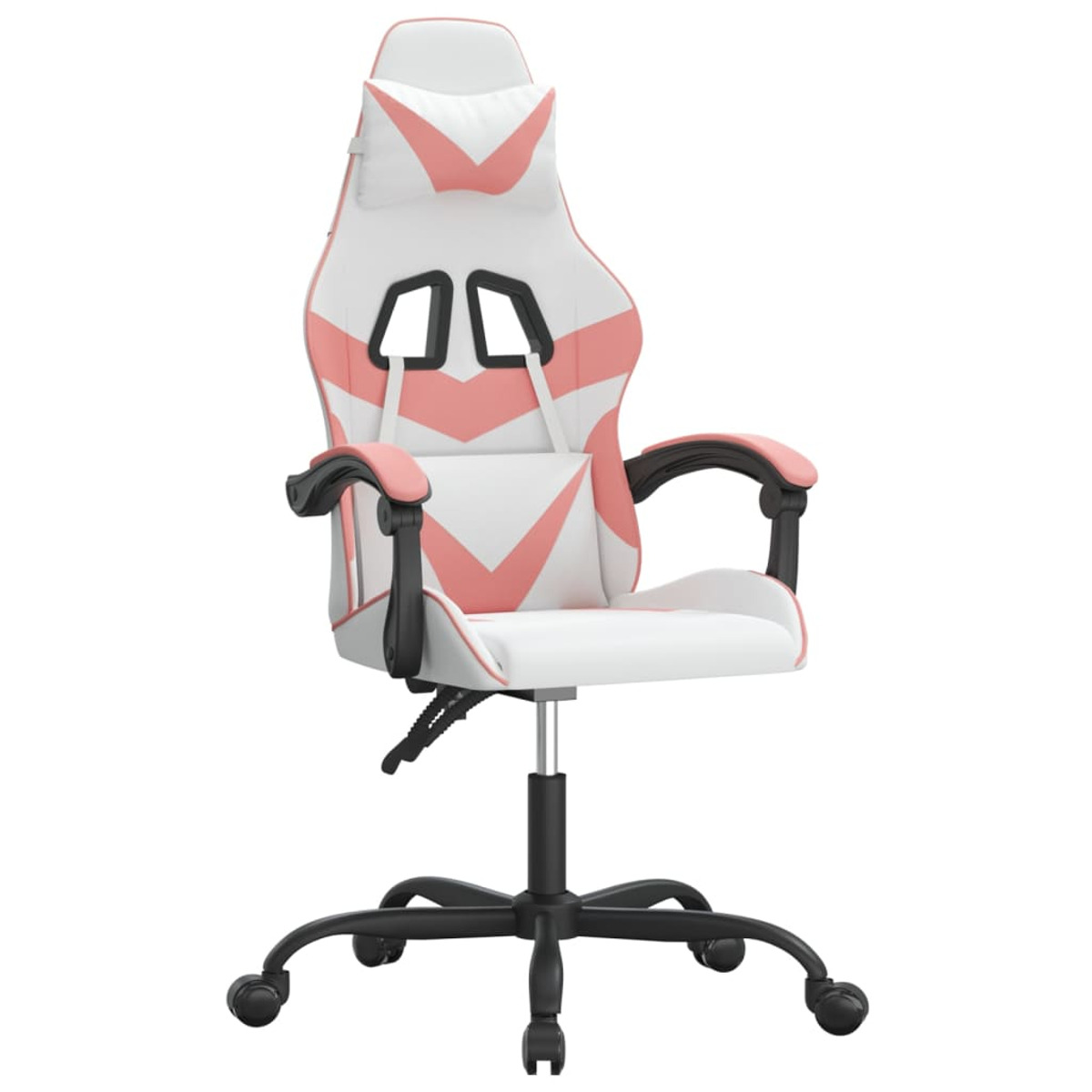 Weiß-rosa Gaming-Stuhl. Schwarzer Sockel mit Rädern. Der Stuhl hat eine Kopf- und Rückenlehne.