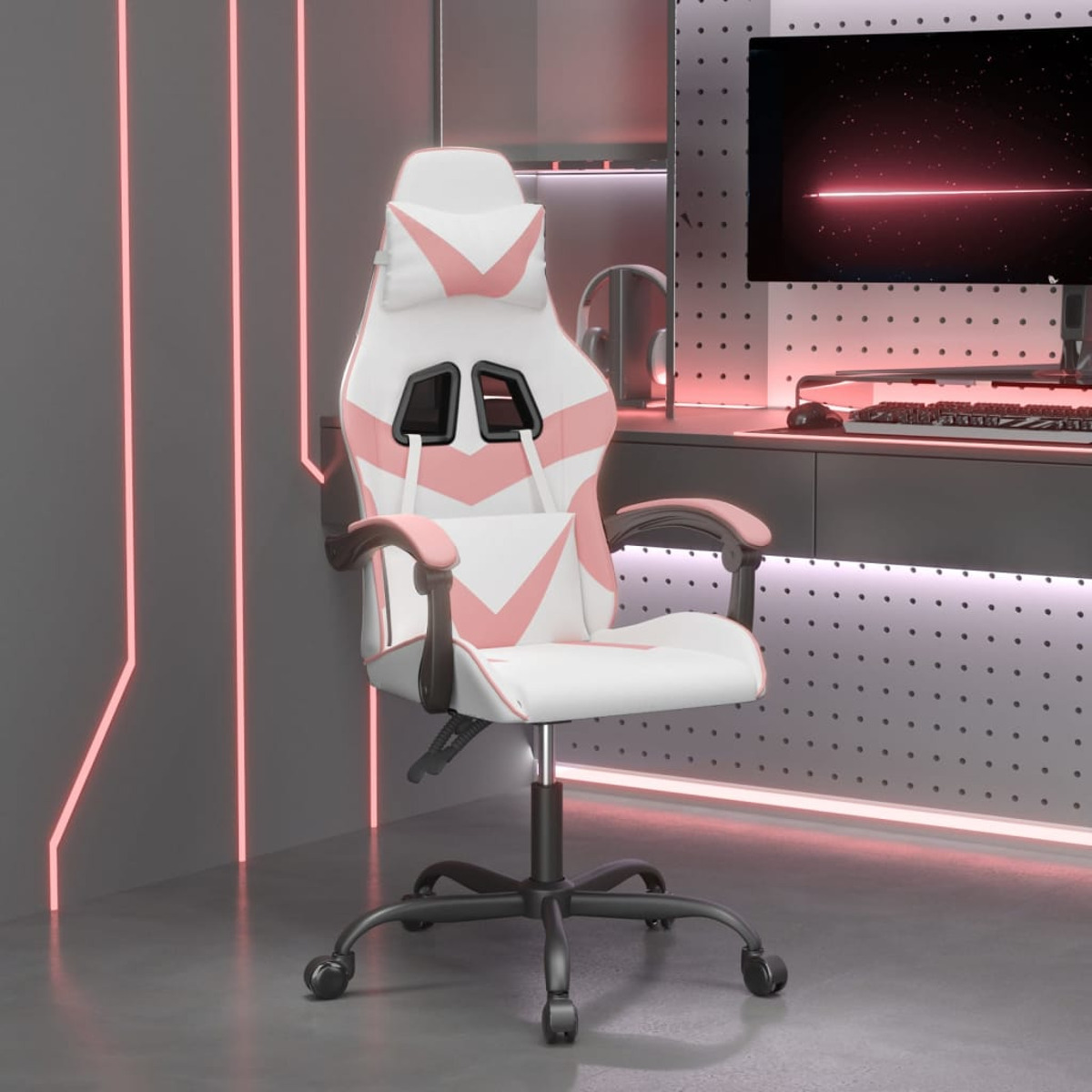Ein weißer und rosa Gaming-Stuhl. Der Hintergrund hat ein Computer-Setup und rosa Neonlichter.