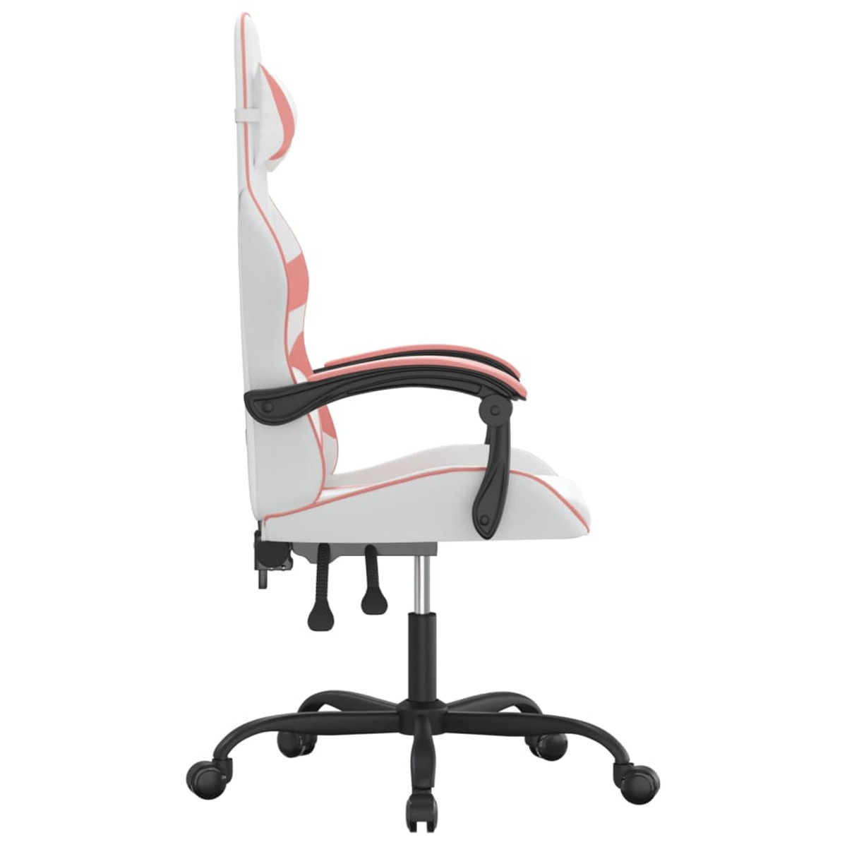 Ein Gaming-Stuhl in Seitenansicht, mit weißem, rosa und schwarzem Design.