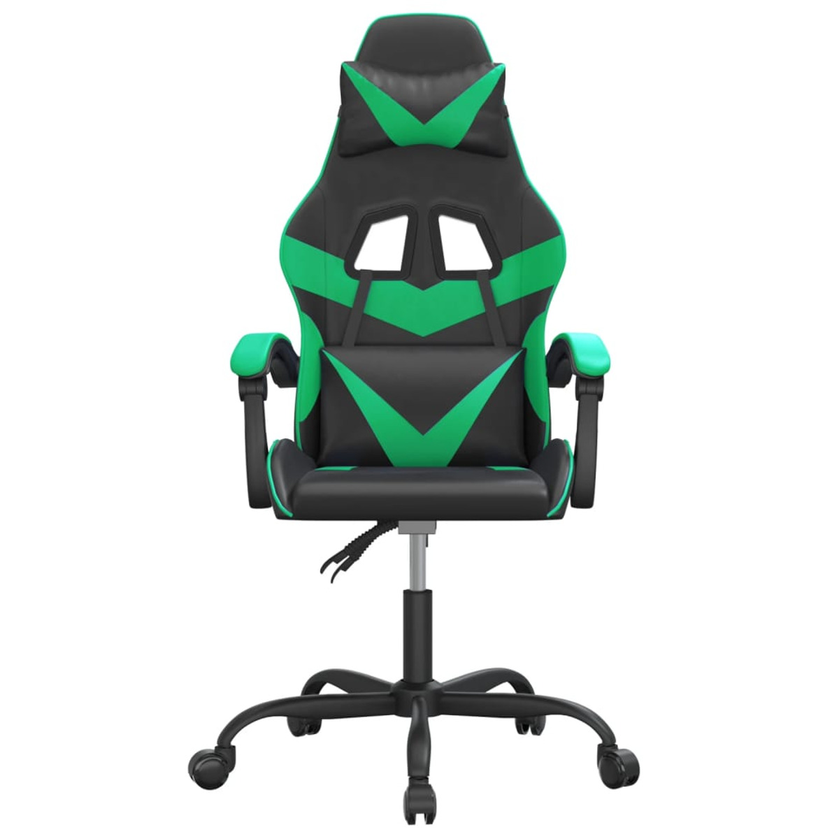 Schwarzer Gaming-Stuhl. Grüne Akzente auf Rückenlehne und Armlehnen. Schwarzes Gestell mit Rädern.