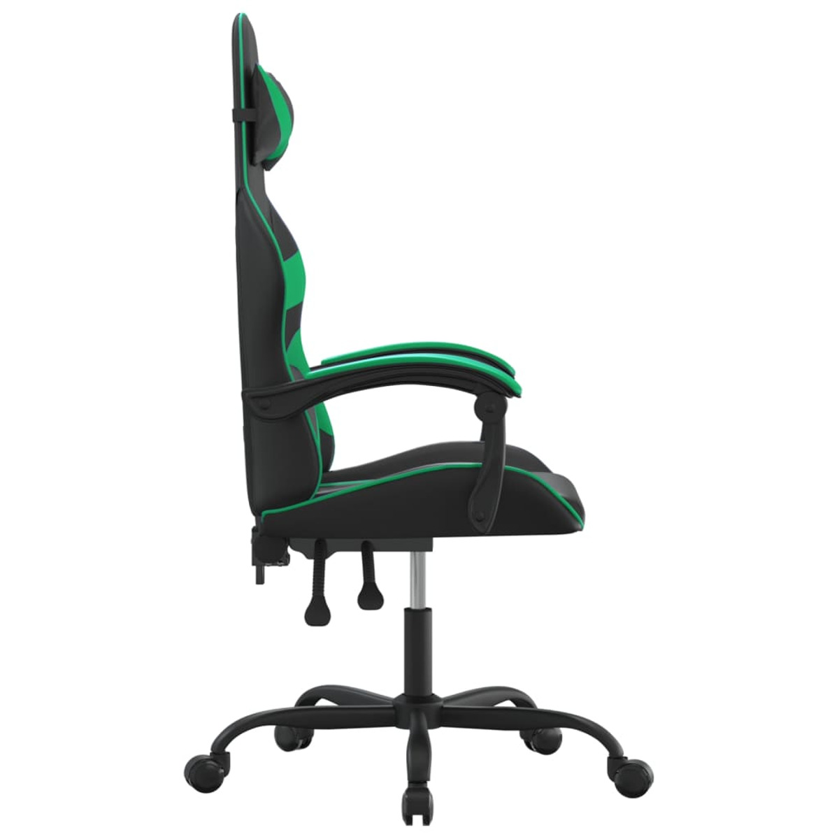 Gaming-Stuhl-Seitenansicht, schwarz-grünes Design, schwarze Basis und grüne Akzente.