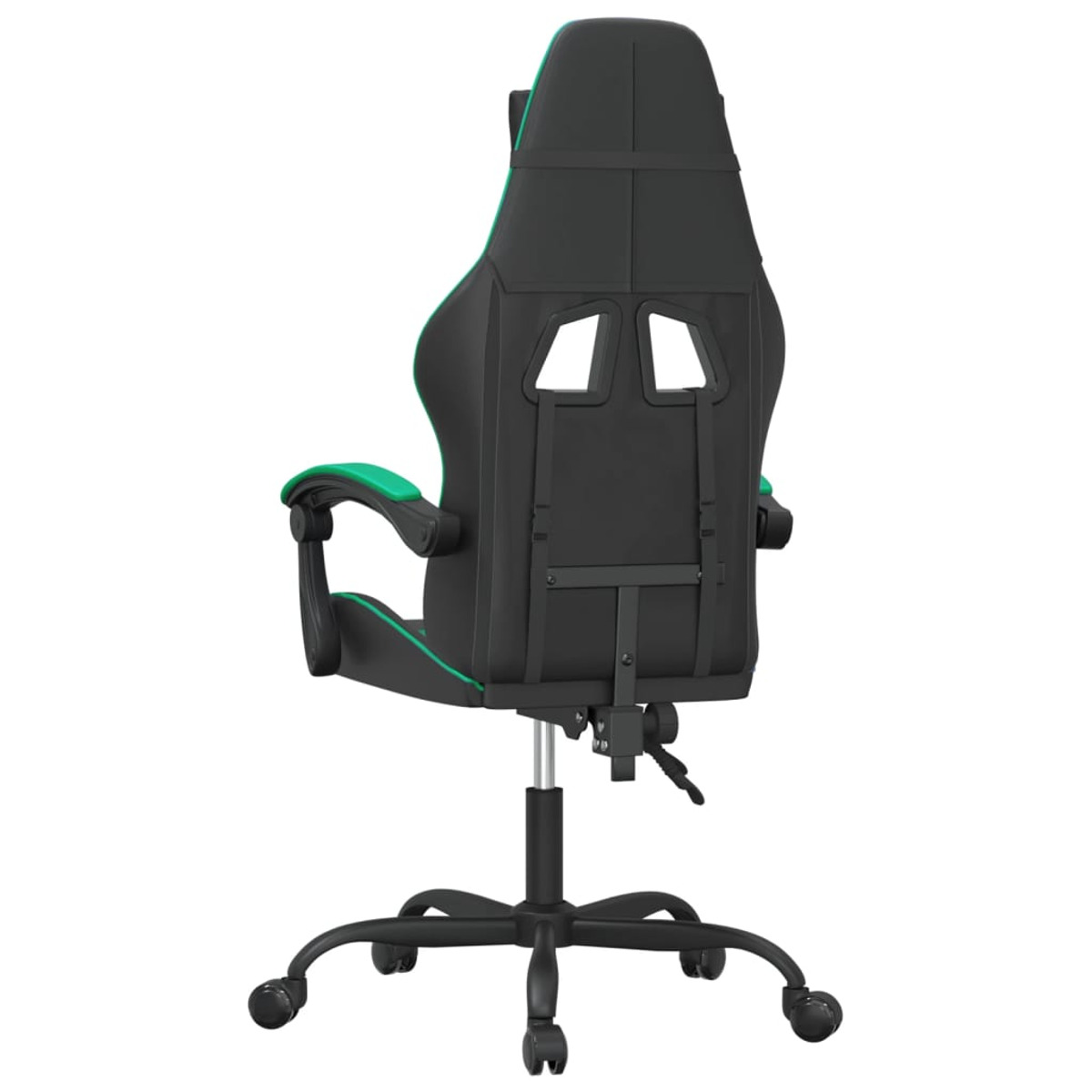 Schwarzer Gaming-Stuhl. Rückansicht. Grüne Akzente. Räder an der Basis. Zwei Gurte hinten.