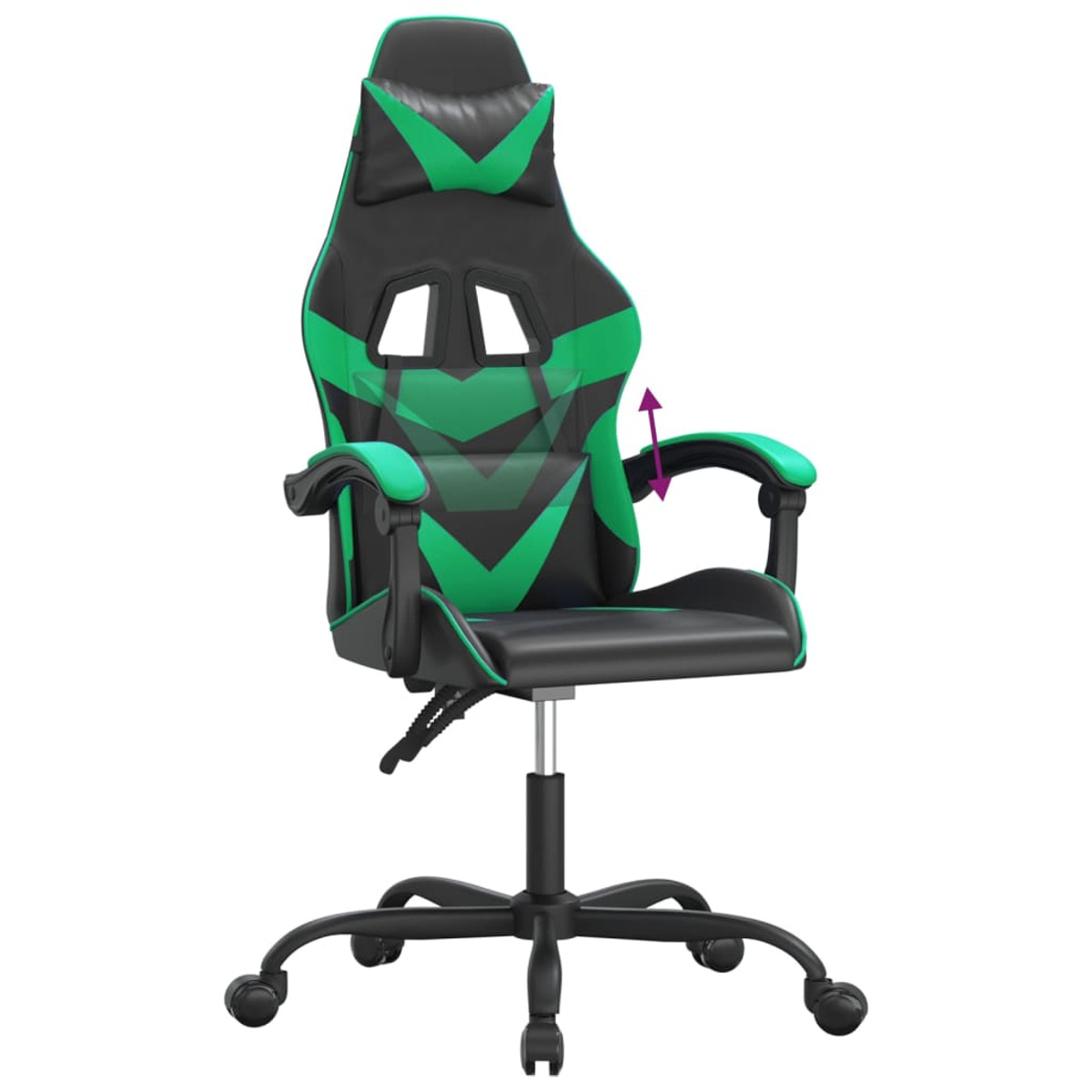 Grüner und schwarzer Gaming-Stuhl mit Armlehnen.
