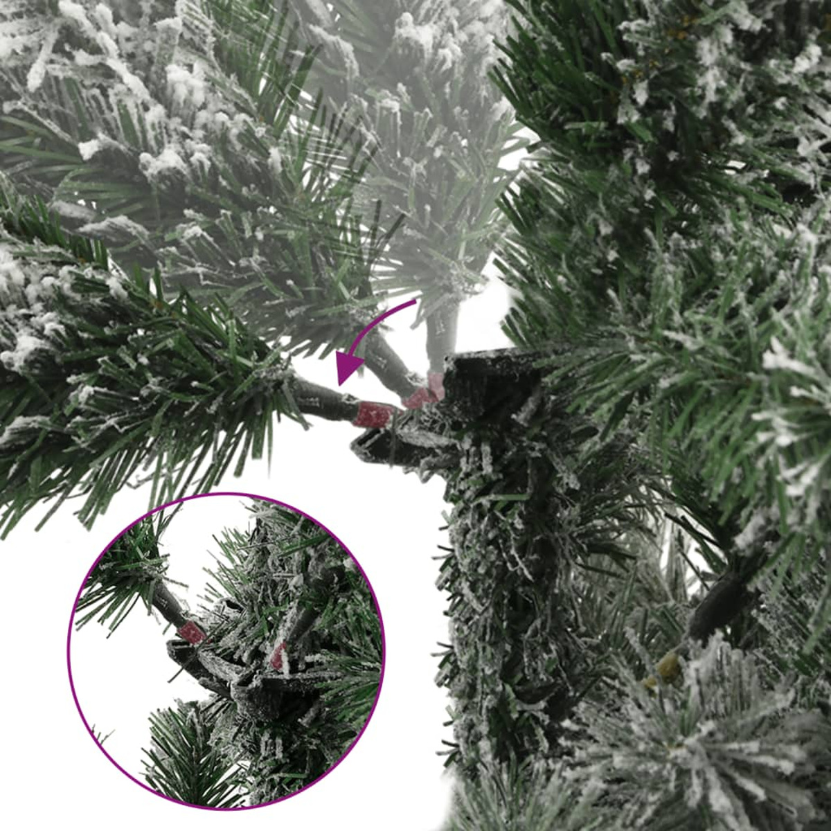 Nahaufnahme zeigt einen verschneiten Weihnachtsbaumzweig und vergrößertes Detail.